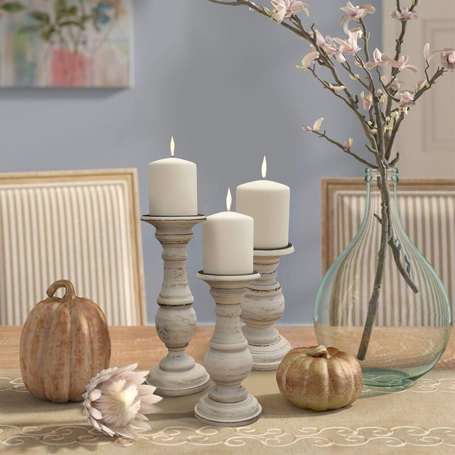 Distressed White Mango Wood Pillar Candle Holders, Set of 3