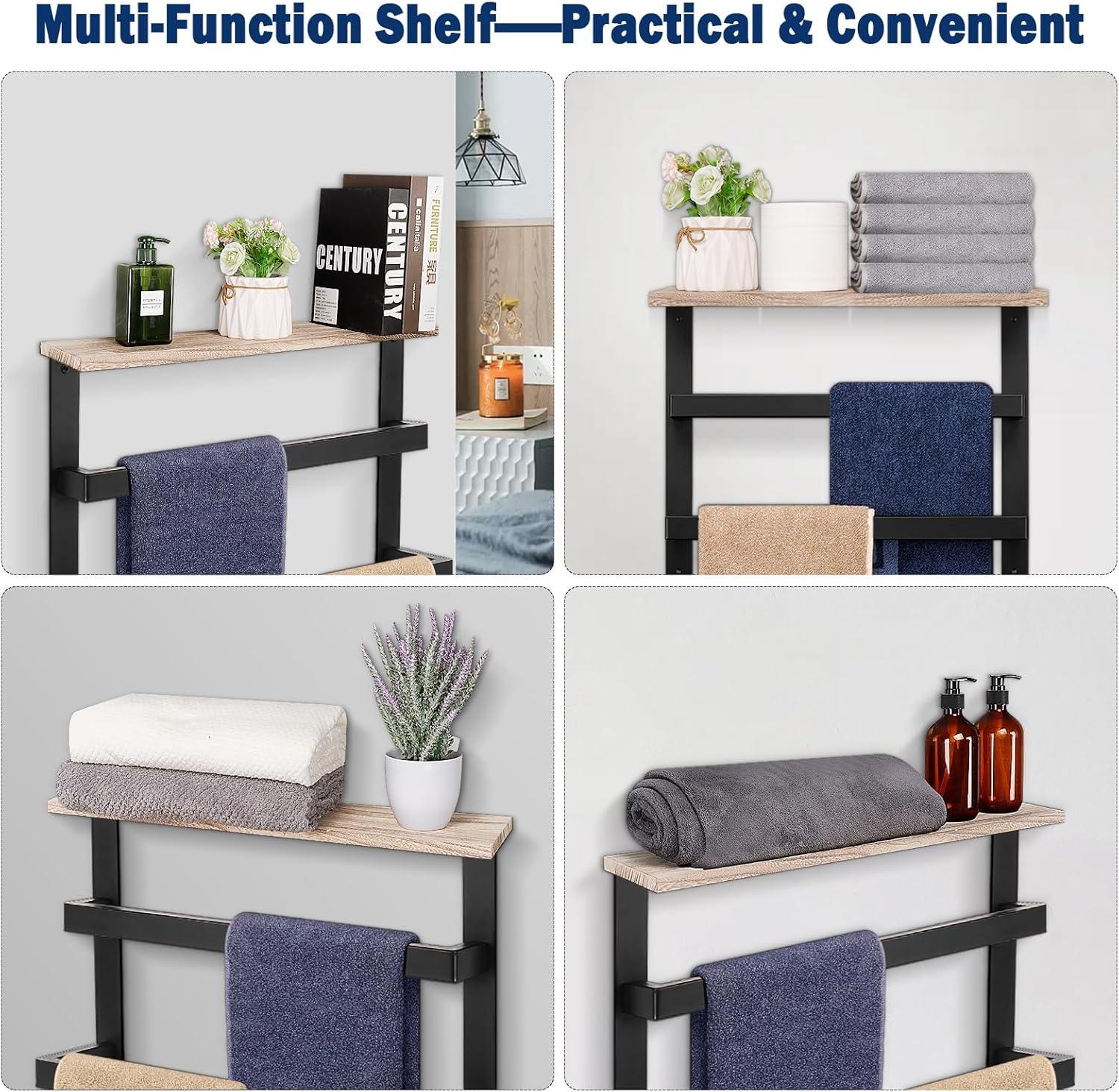 Matte Black Wall Mounted 3-Tier Towel Rack with Wood Shelf