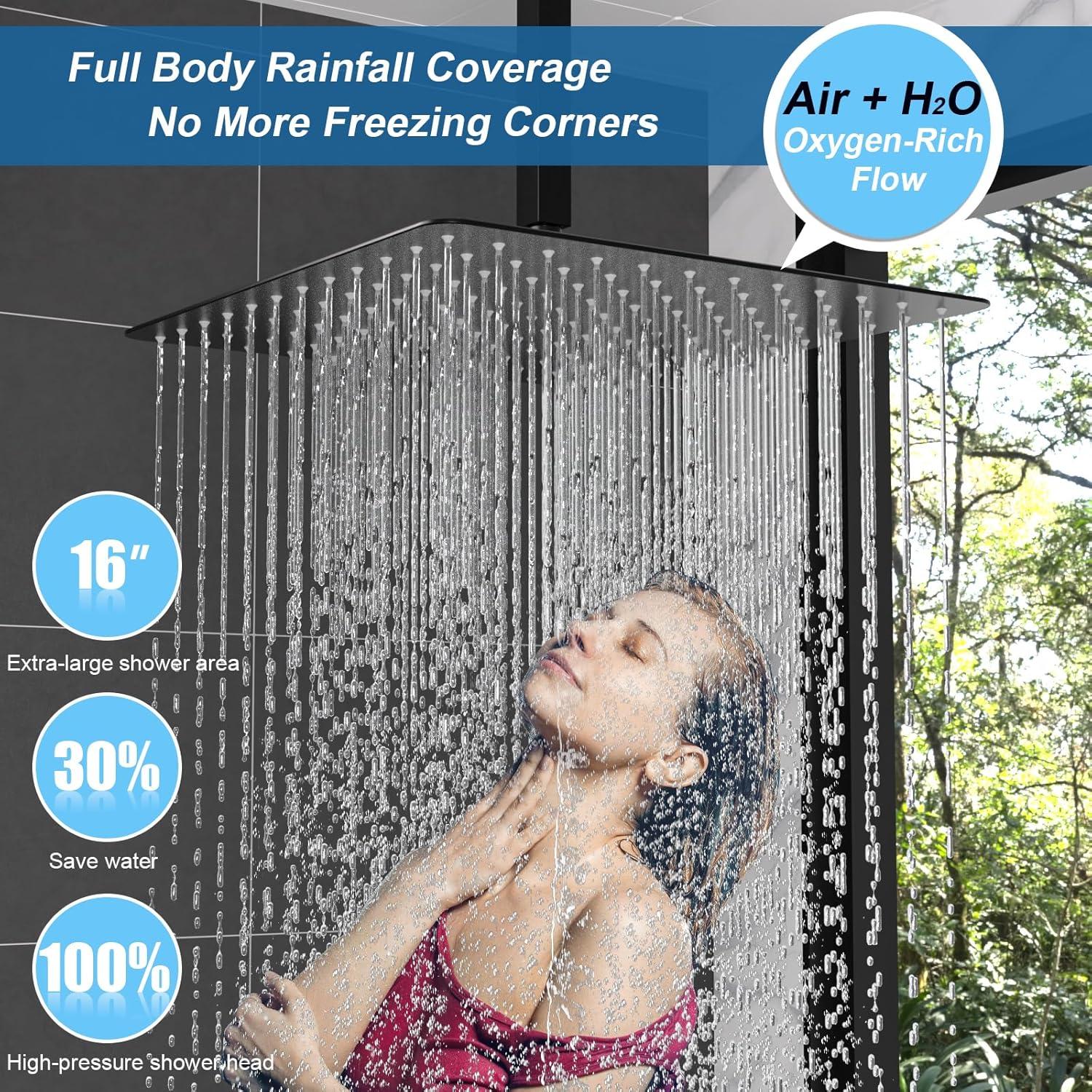 GRANDJOY 16 inch Complete Dual Shower Head System, Celling Mounted Shower Faucet Set with Hand Shower Head, Rough in-Valve, 6 Massage Body Jets - Matte Black