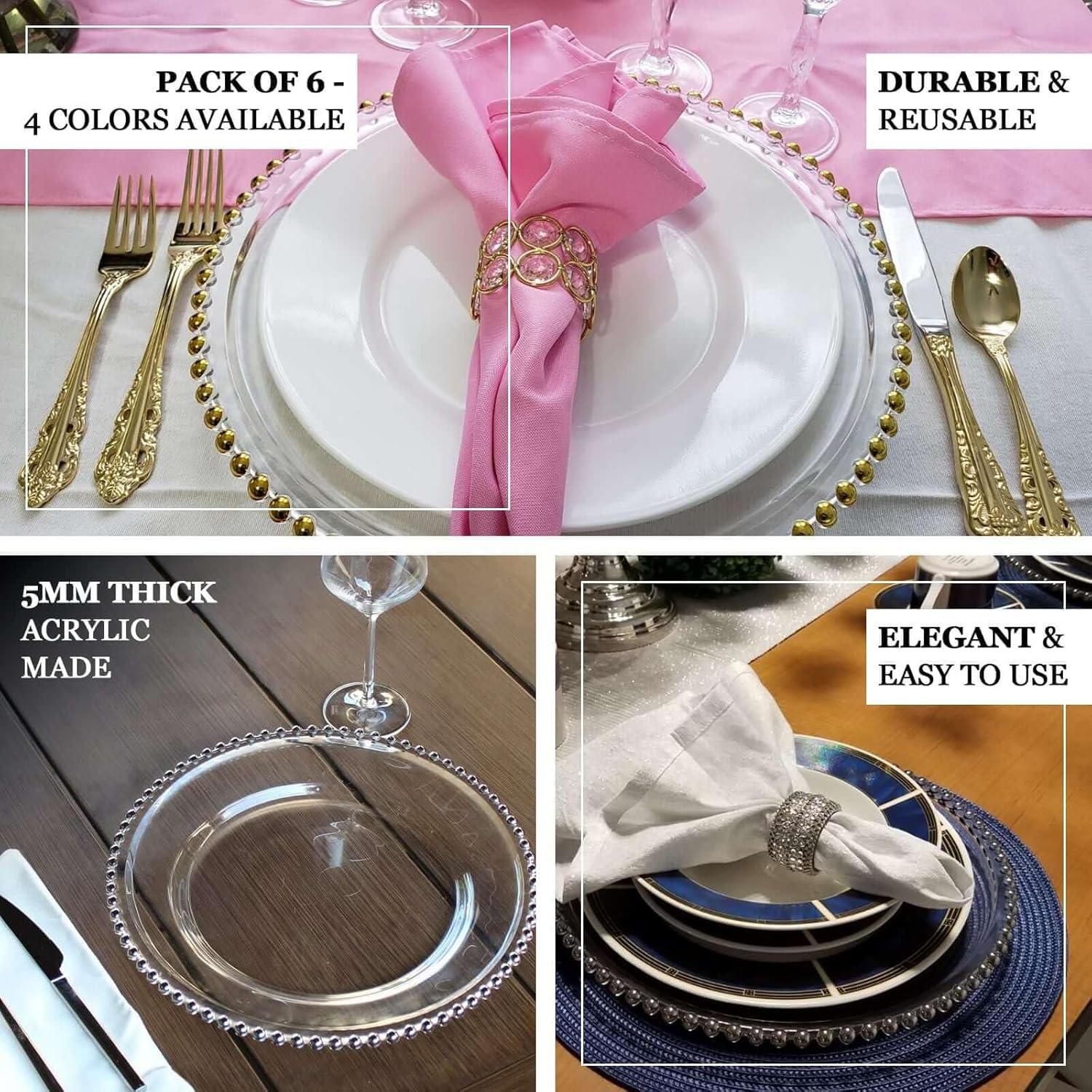 Efavormart 6 Pack 12" Gold Clear Acrylic Round Charger Plates With Beaded Rim Dinner Charger Plates