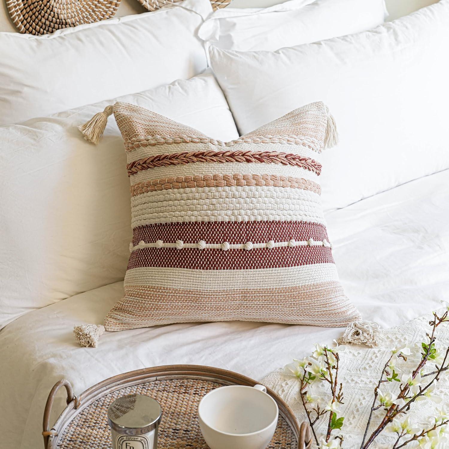 Rust Red Boho Decorative Throw Pillow Cover 20x20 Square Accent Pillowcase Tassels Farmhouse Cushion for Couch Sofa Bedroom Living Room Home Décor Cover ONLY (Pack of 1)
