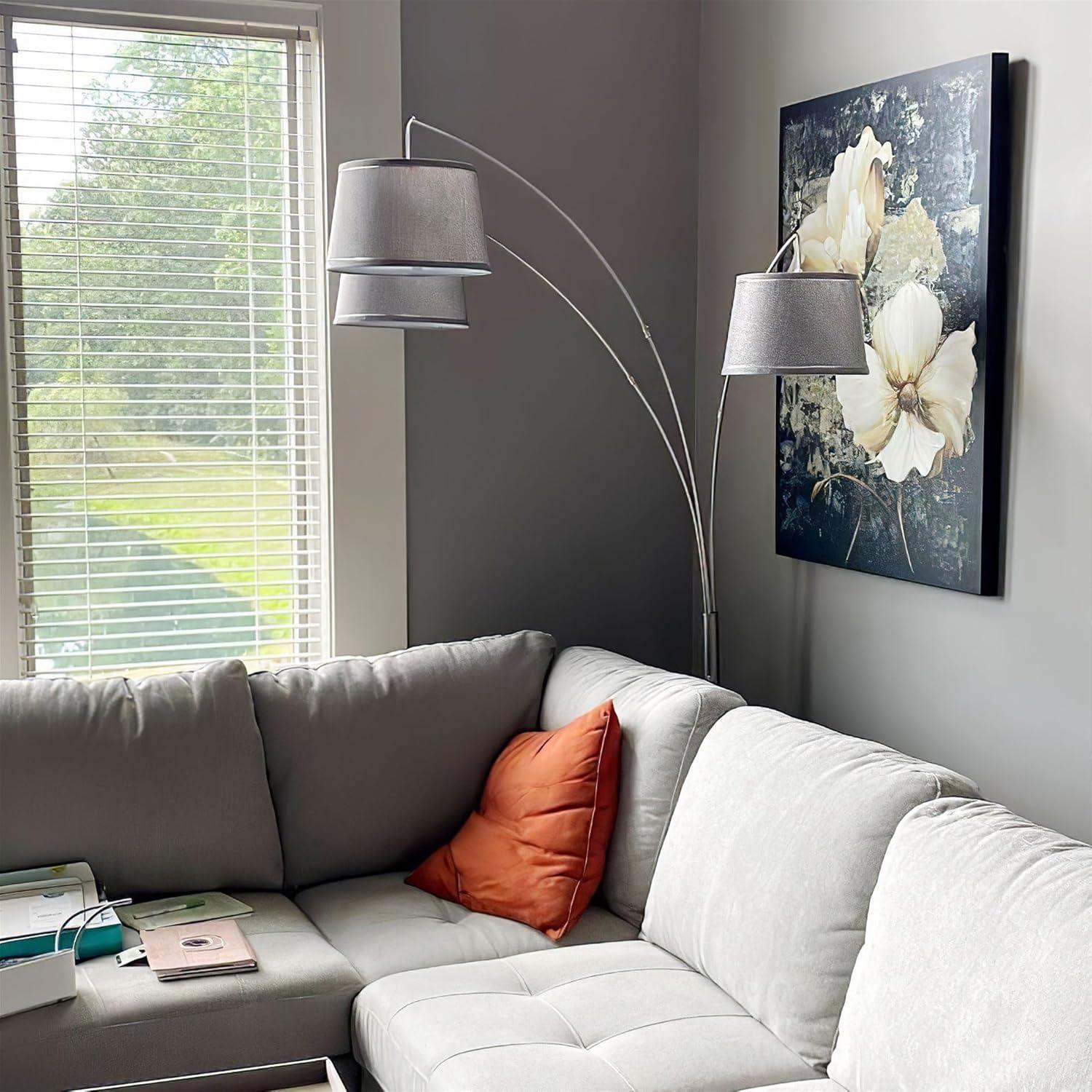 Kira Home Akira 79" Modern 3-Light Arc Floor Lamp with 3-Way Switch, Gray Burlap Shades + Brushed Nickel Finish