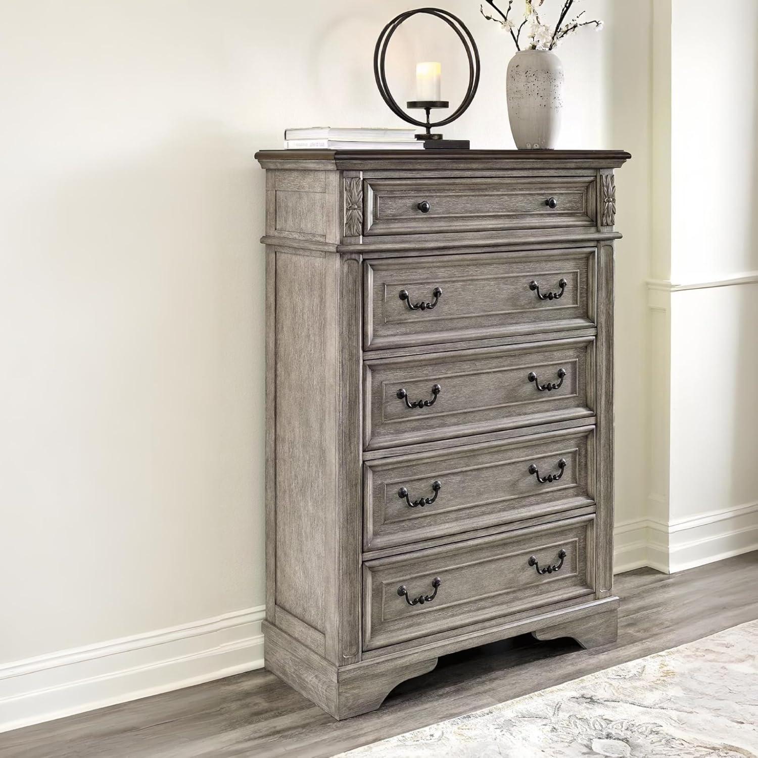 Gray and Walnut Transitional Five-Drawer Chest with Dovetail Construction