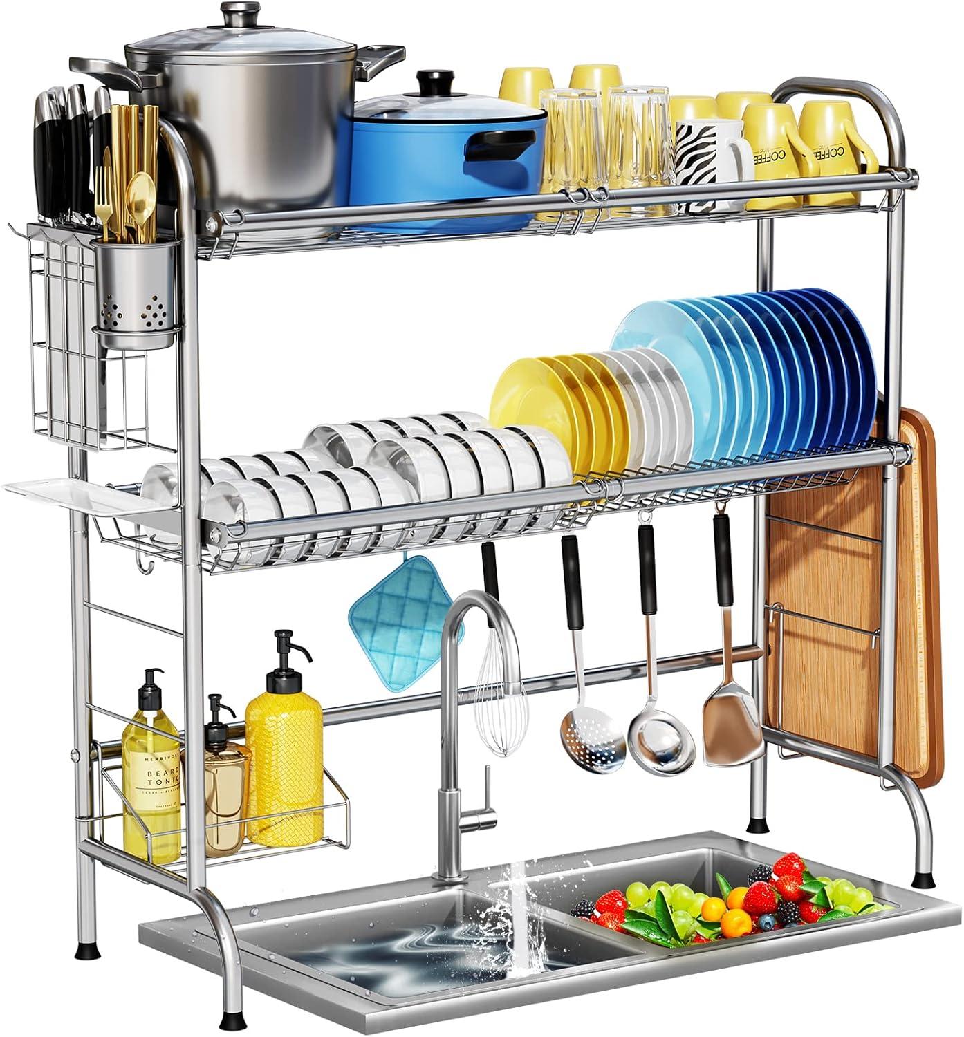 Over The Sink Dish Drying Rack, 2-Tier Stainless Steel Large Over The Sink Dish Rack with Utensil