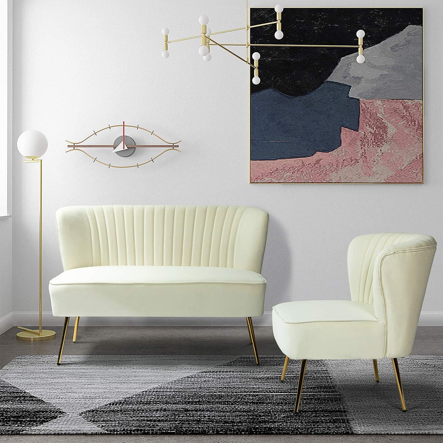 Velvet Sofa 2 Seater Upholstered Loveseat Living Room Chair White Tufted Back Home Bedroom Ivory