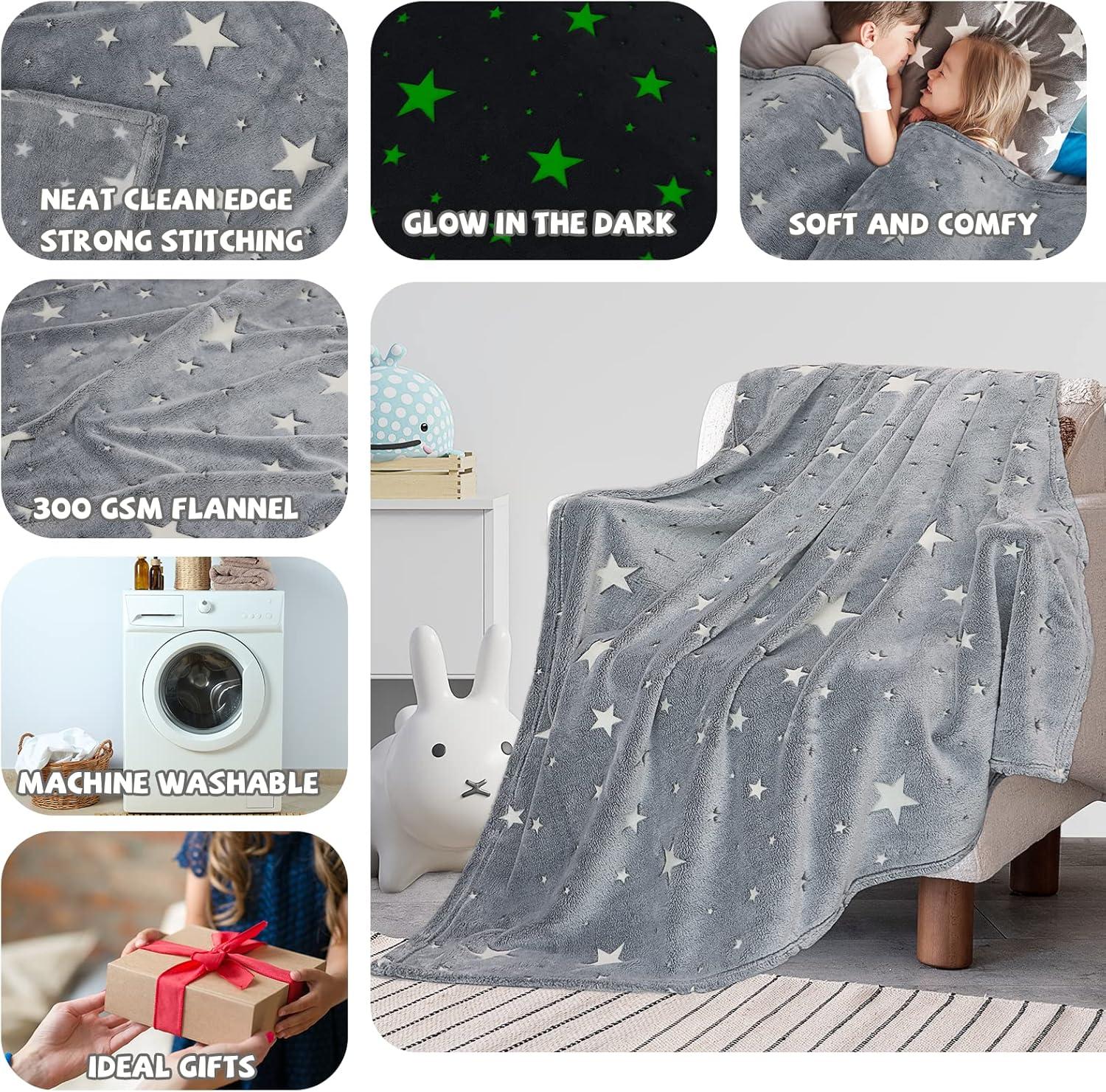 Glow in The Dark Blanket for Kids Unique Birthday Gifts for Girls Boys Teens Soft Cozy Warm Fuzzy Cute Throw Blanket All Seasons Gray Glowing Stars Blankets for Couch Sofa Bed 50"×60"