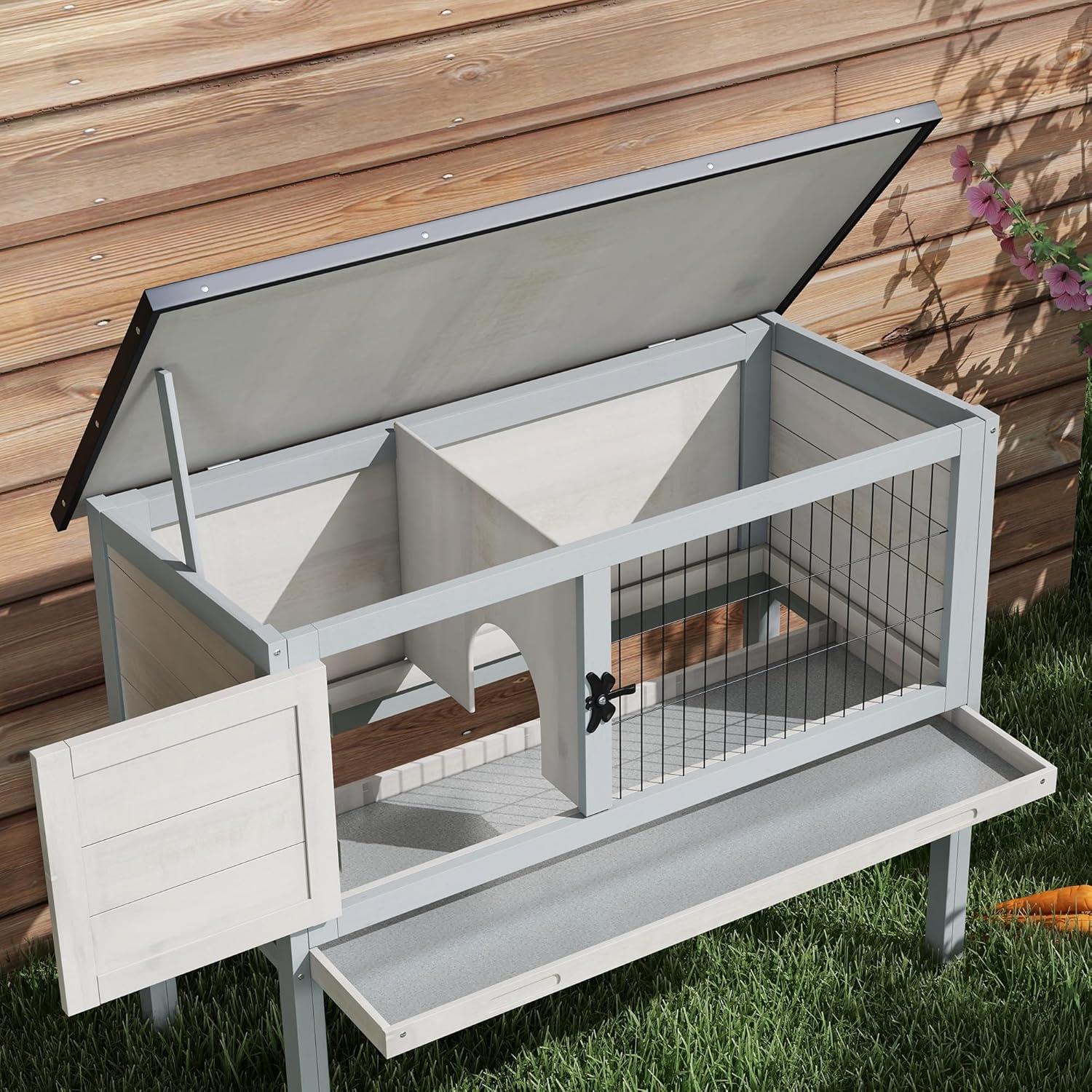 PawHut Elevated Rabbit Hutch Bunny Hutch with Hinged Asphalt Roof, Removable Tray, Fir Wood Bunny Cage for Indoor/Outdoor