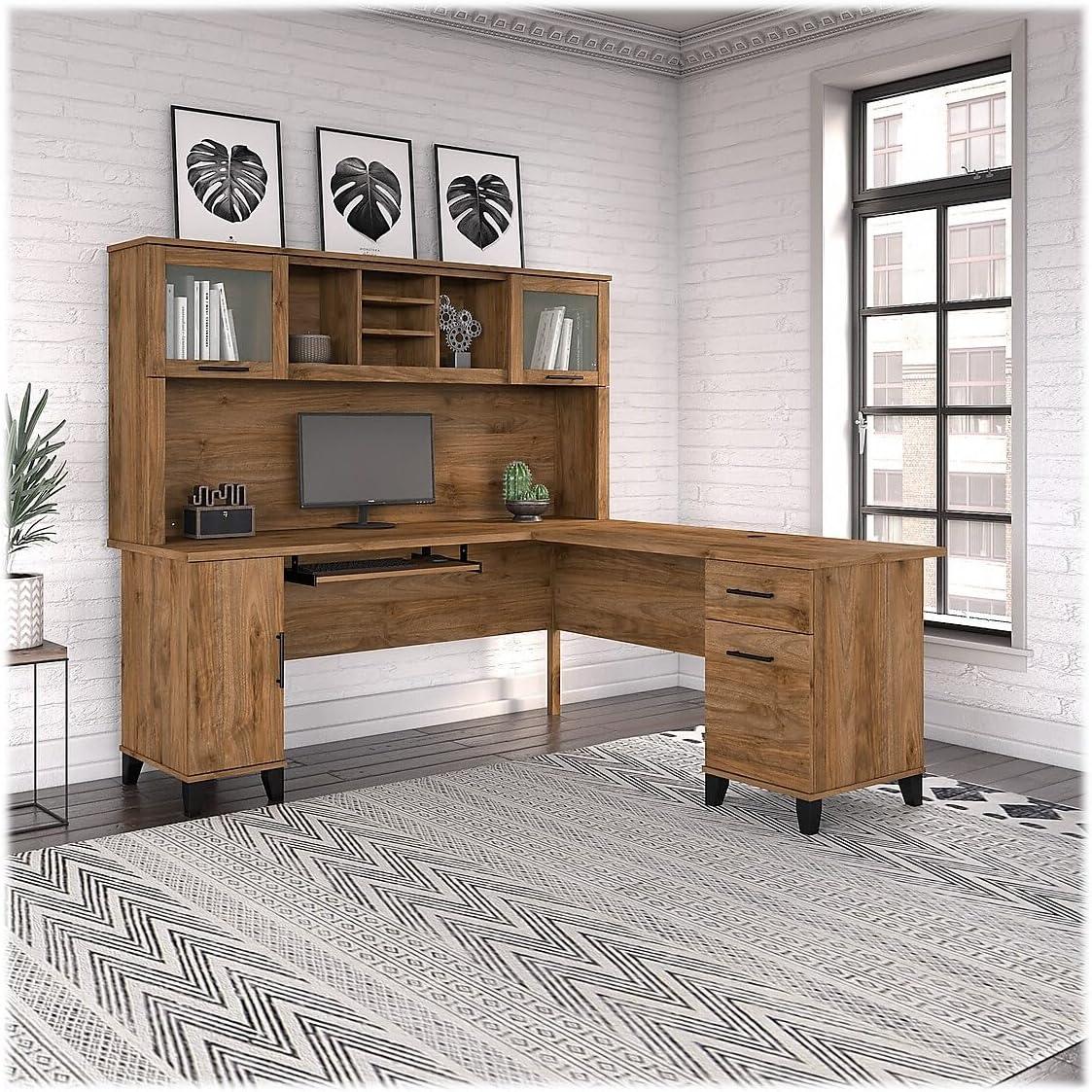 Bush Furniture Somerset 72" L Desk and Hutch with Storage, Fresh Walnut