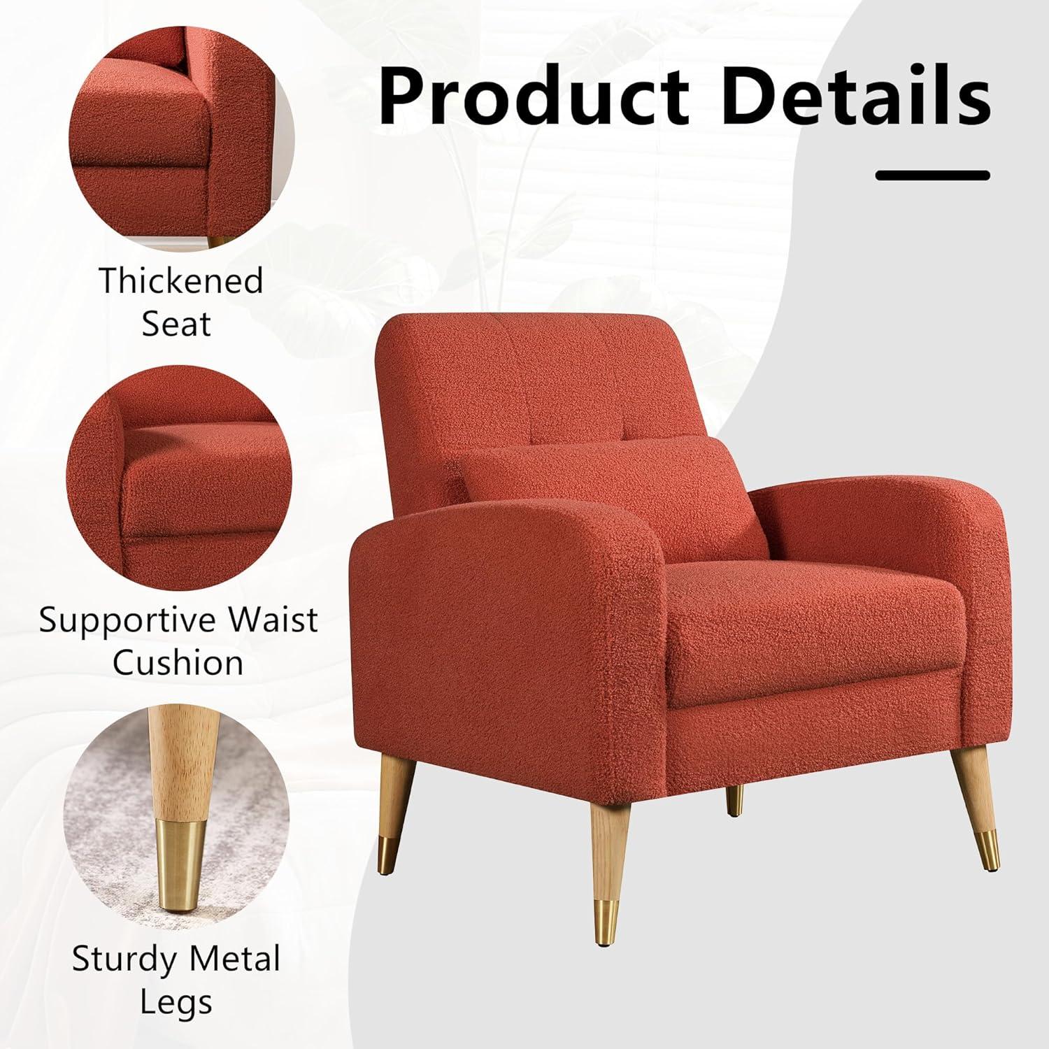 LoLado Mid-Century Modern Accent Chair, Upholstered Armchair Living Room Chair, Comfy Single Sofa Chair with Metal Legs, Polyester Fabric Chair for Living Room Bedroom, Red