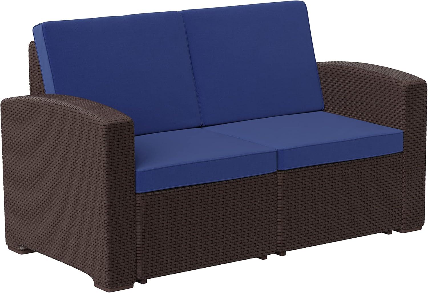 Flash Furniture Seneca Faux Rattan Loveseat with All-Weather Cushions