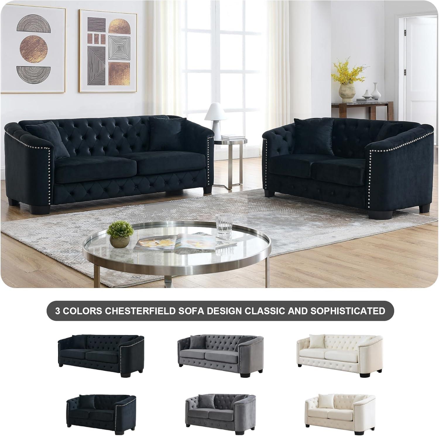 House of Hampton® House of Hampton® 2 Piece Chesterfield Sofa Set, Upholstered 77" Velvet 3 Seater Sofa + 59" Velvet Loveseat