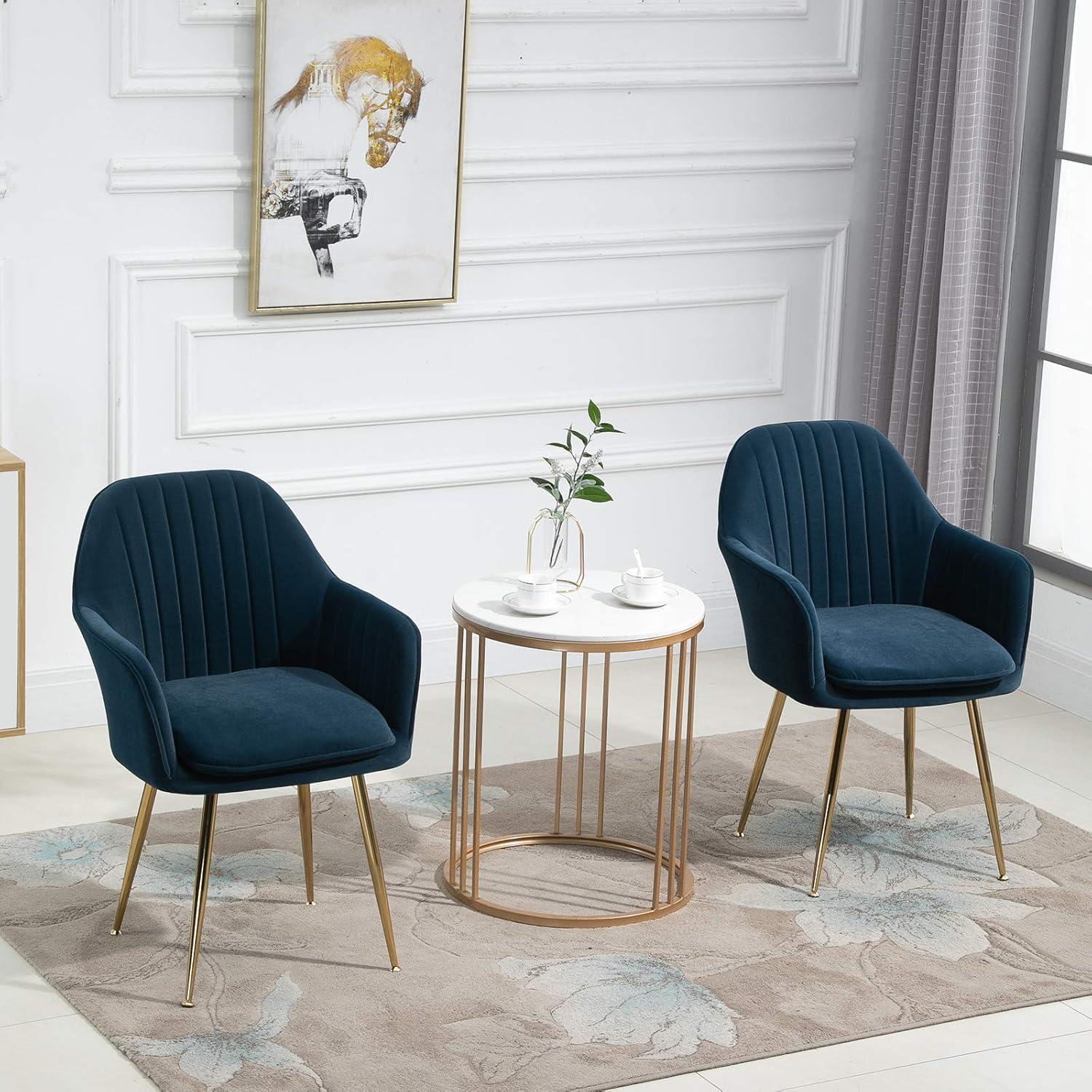 Blue Velvet Upholstered Arm Chair with Gold Metal Legs