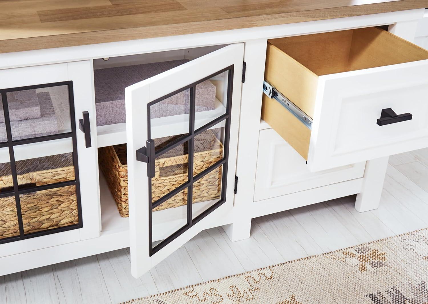 White and Natural 74 Inch TV Stand with Cabinets