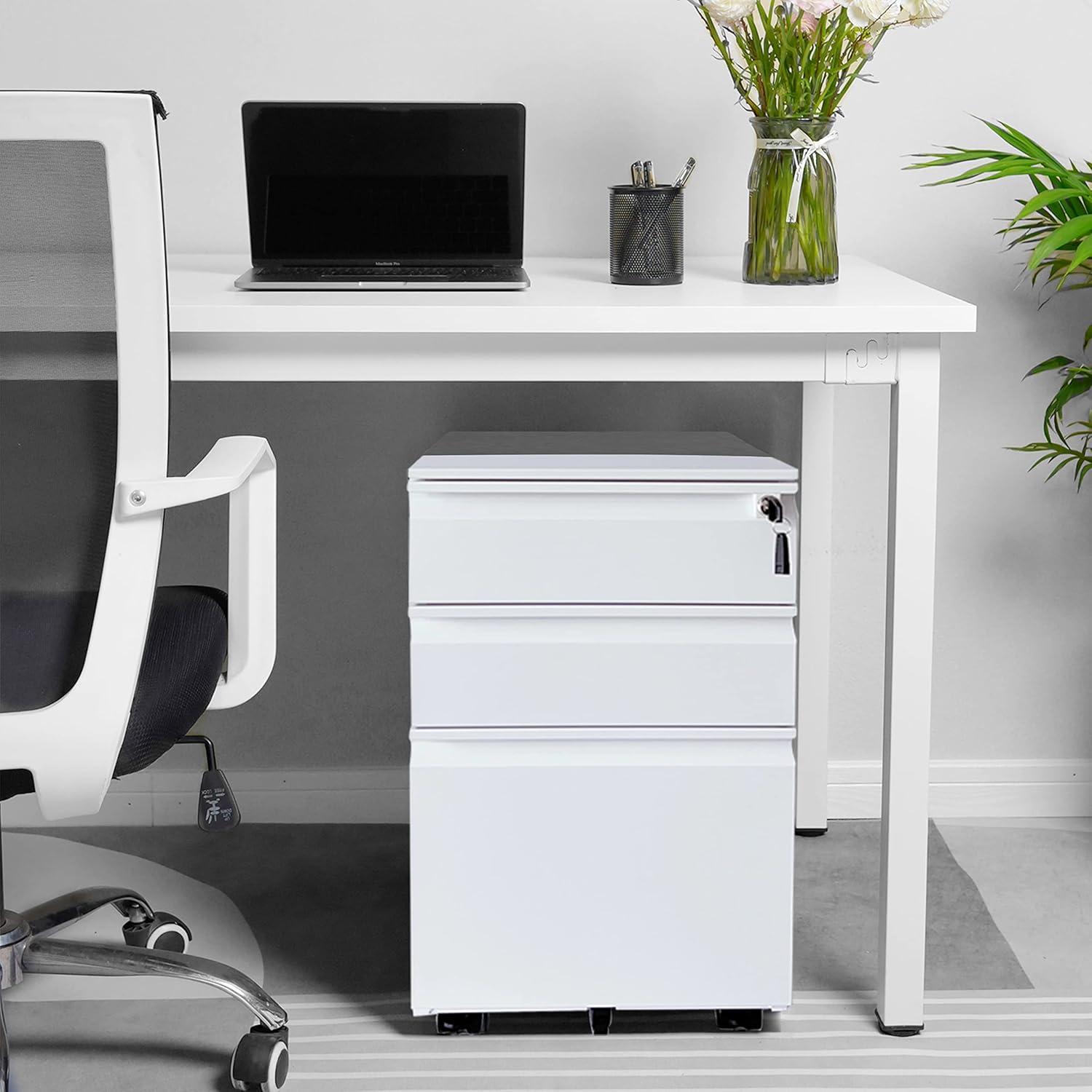 3 Drawer Mobile File Cabinet, Metal Filing Cabinets with Lock Wheels Under Desk, Lockable Rolling File Cabinet for Home Office, Fit Letter/Legal/A4 Size (White)