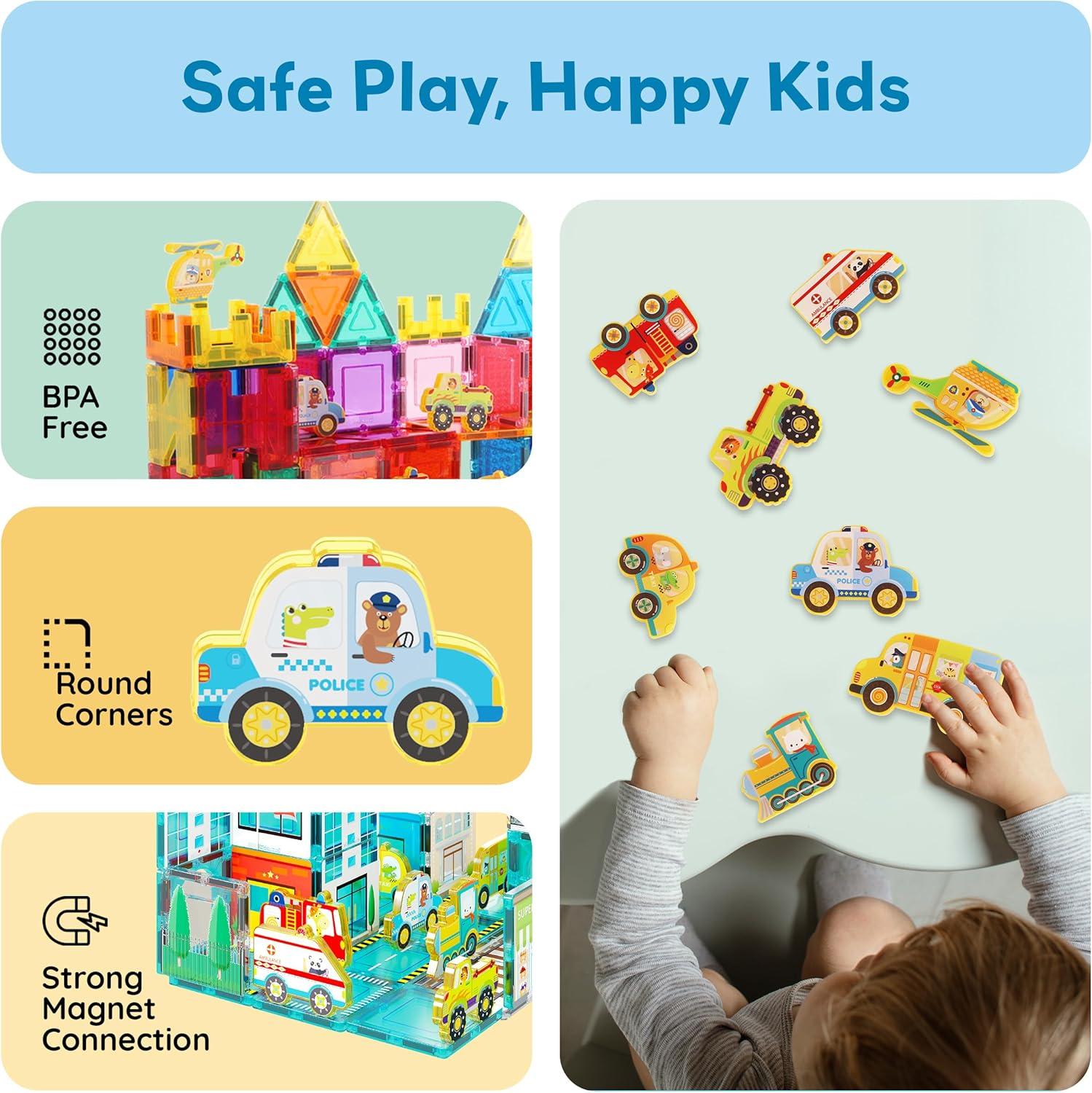 Picasso-TILES 8 PC Metro City Vehicle Themed, Magnetic Tiles, Building Blocks, STEM Toys for Kids 3+