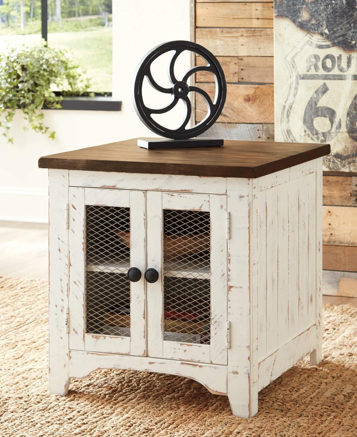 Wystfield End Table White/Brown - Signature Design by Ashley: Modern Style with Storage, Wood Legs & Double Doors