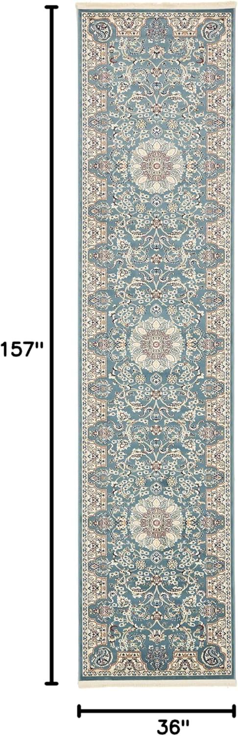 Blue Floral Synthetic Stain-Resistant Runner Rug