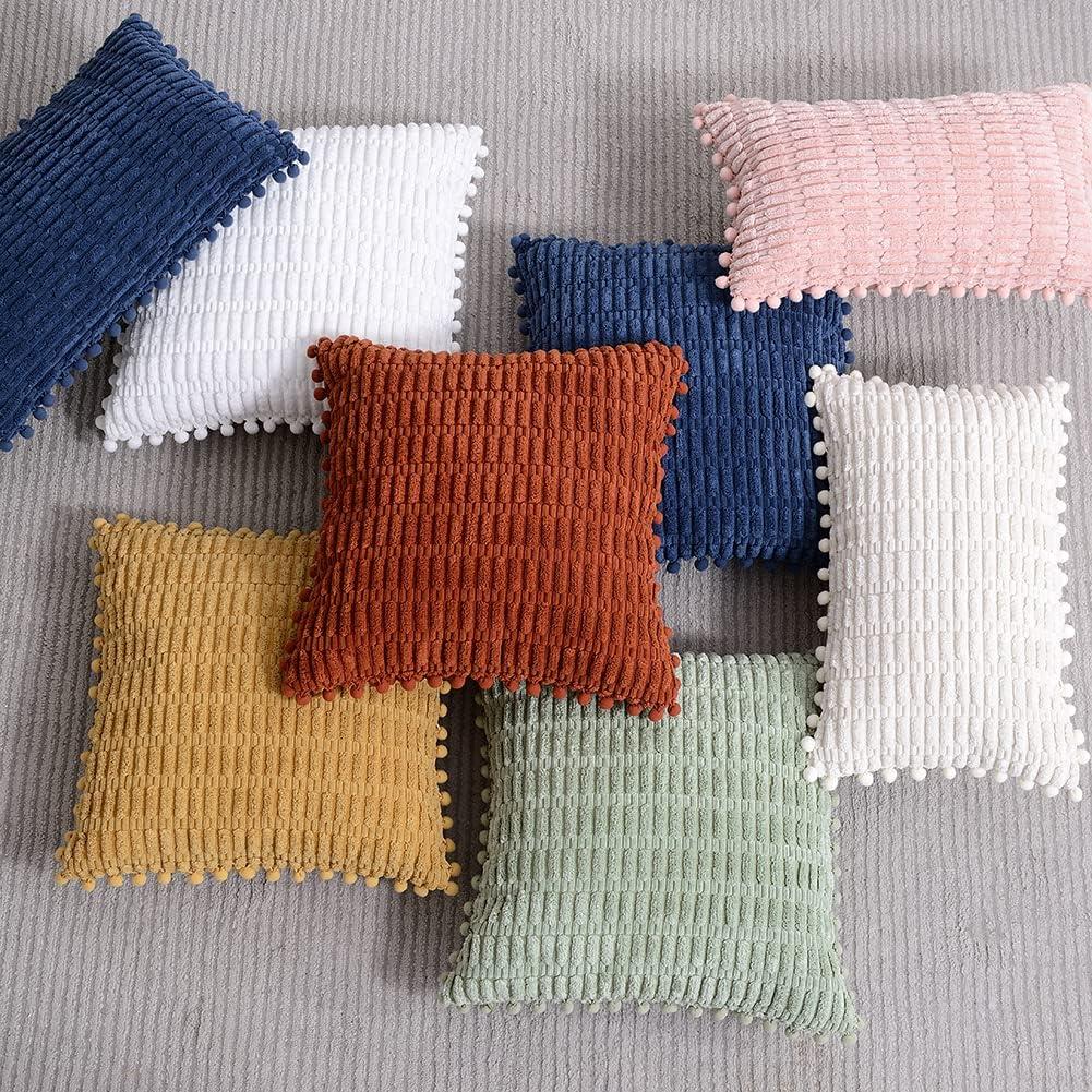 Boho Sage Green Striped Corduroy Pillow Covers - Set of 2 | Farmhouse Rectangle Cushion Cases for Sofa Couch Bed | Soft Decorative Throw Pillowcases - 12x20 Inch Home Decor
