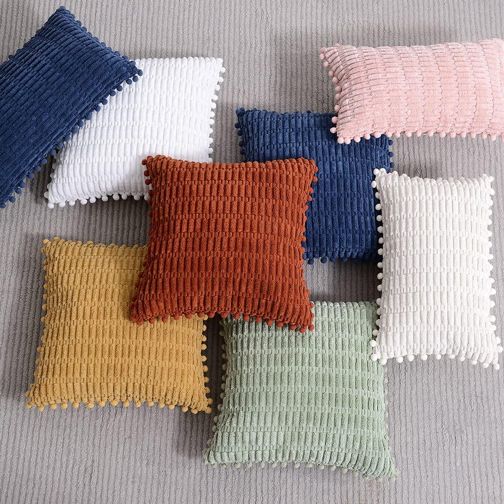 Fancy Homi 2 Packs Dusty Blue Decorative Throw Pillow Covers 12x20 Inch with Pom-poms for Couch Bed Living Room, Farmhouse Boho Home Decor, Soft Corduroy Cute Lumbar Cushion Case 30x50 cm
