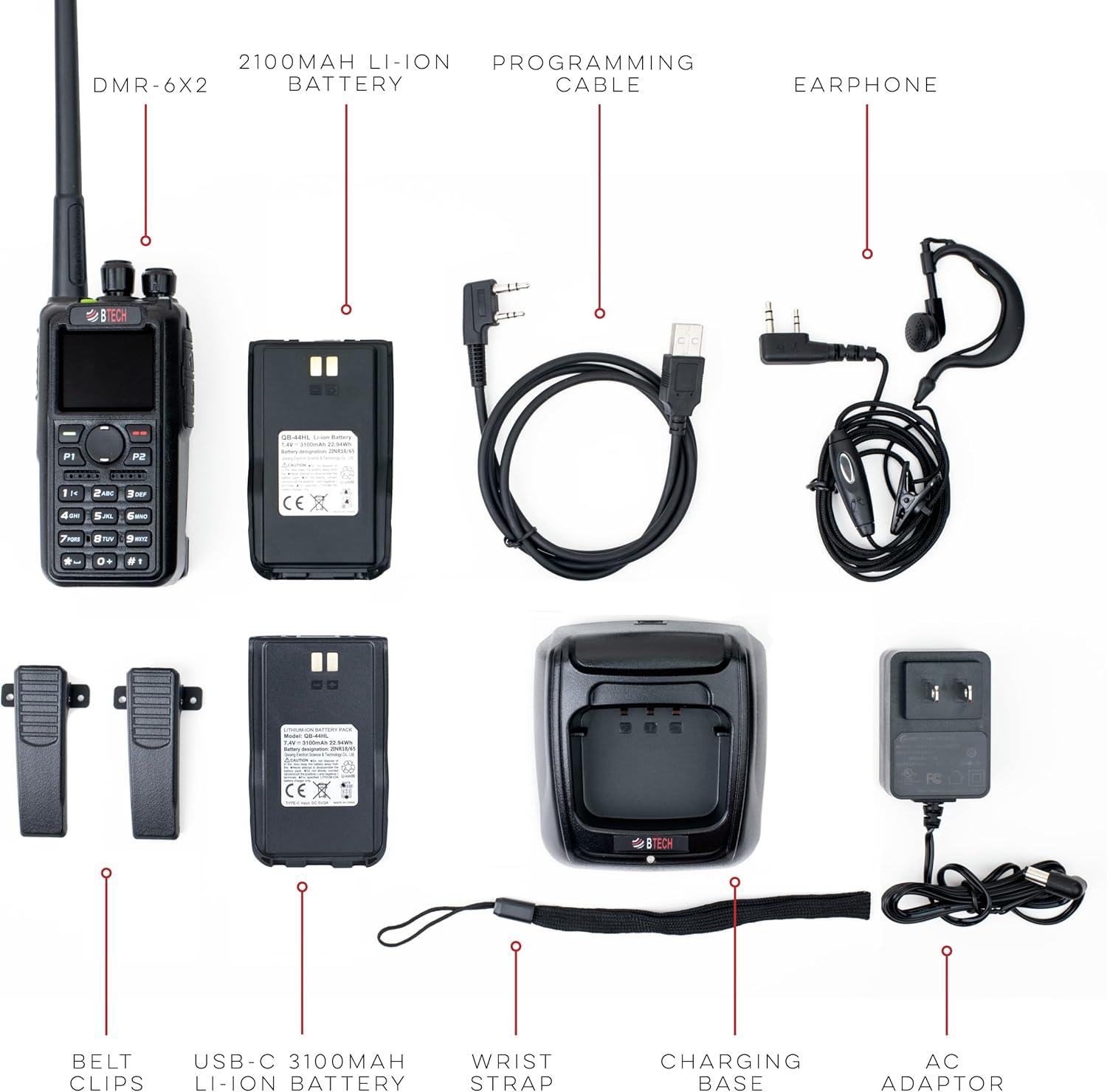 BTECH DMR-6X2 (DMR and Analog) 7-Watt Dual Band Two-Way Radio (136-174MHz VHF & 400-480MHz UHF), with GPS and Recording, Includes Full Kit with 2 Batteries, Programming Cable, and More