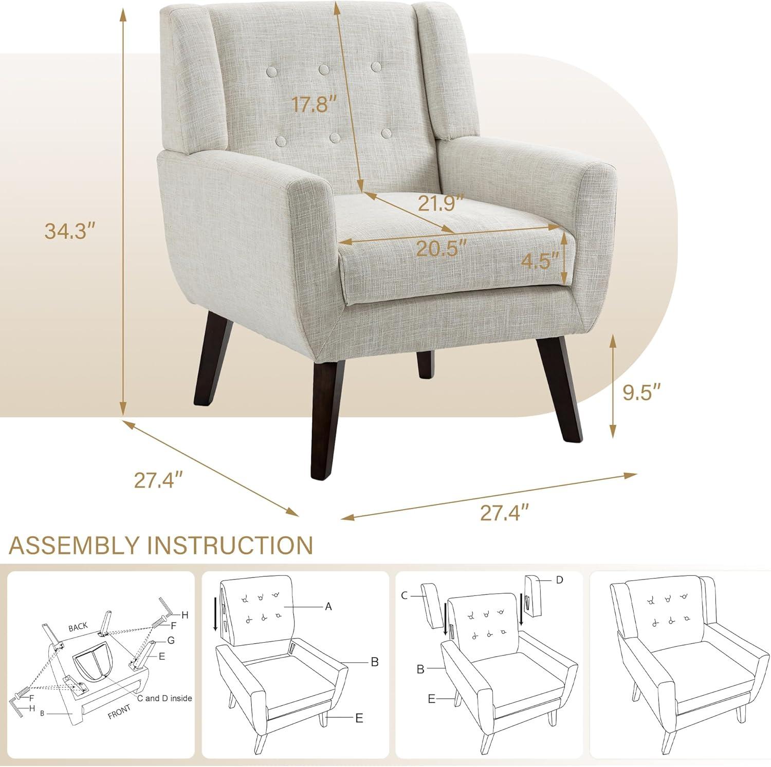 UIXE Beige Accent Chair Set of 2, Linen Fabric Armchair for Living Room, Modern Arm Chairs