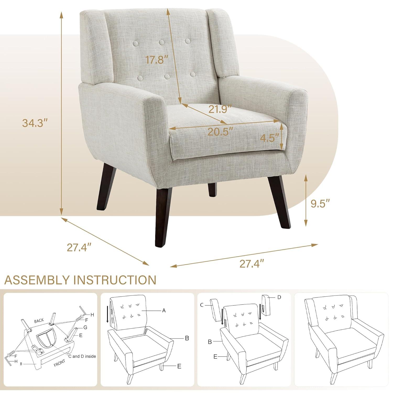 UIXE Beige Accent Chair Set of 2, Linen Fabric Armchair for Living Room, Modern Arm Chairs