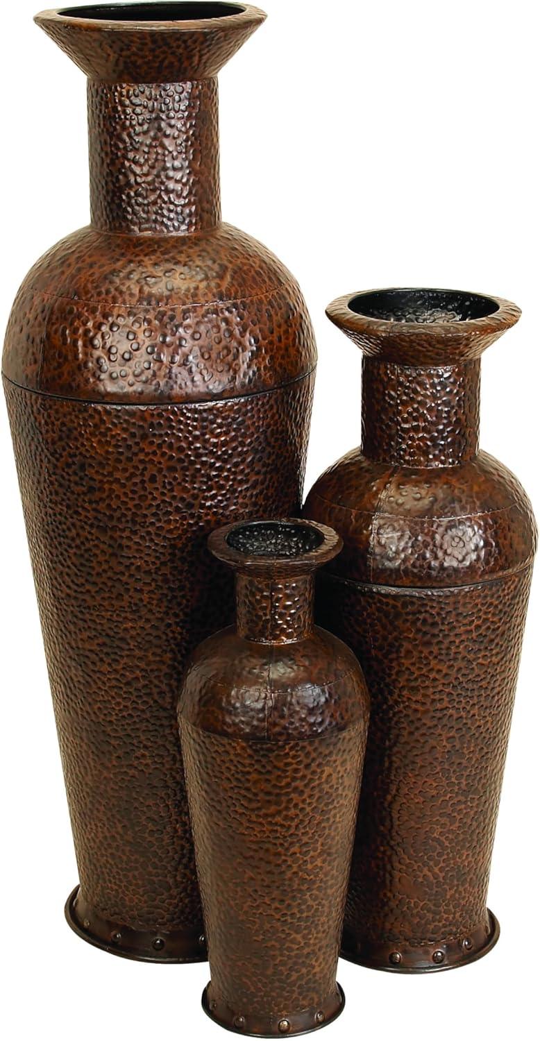 Tall Dark Brown Metal Floor Decorative Vase Set with Bubble Texture