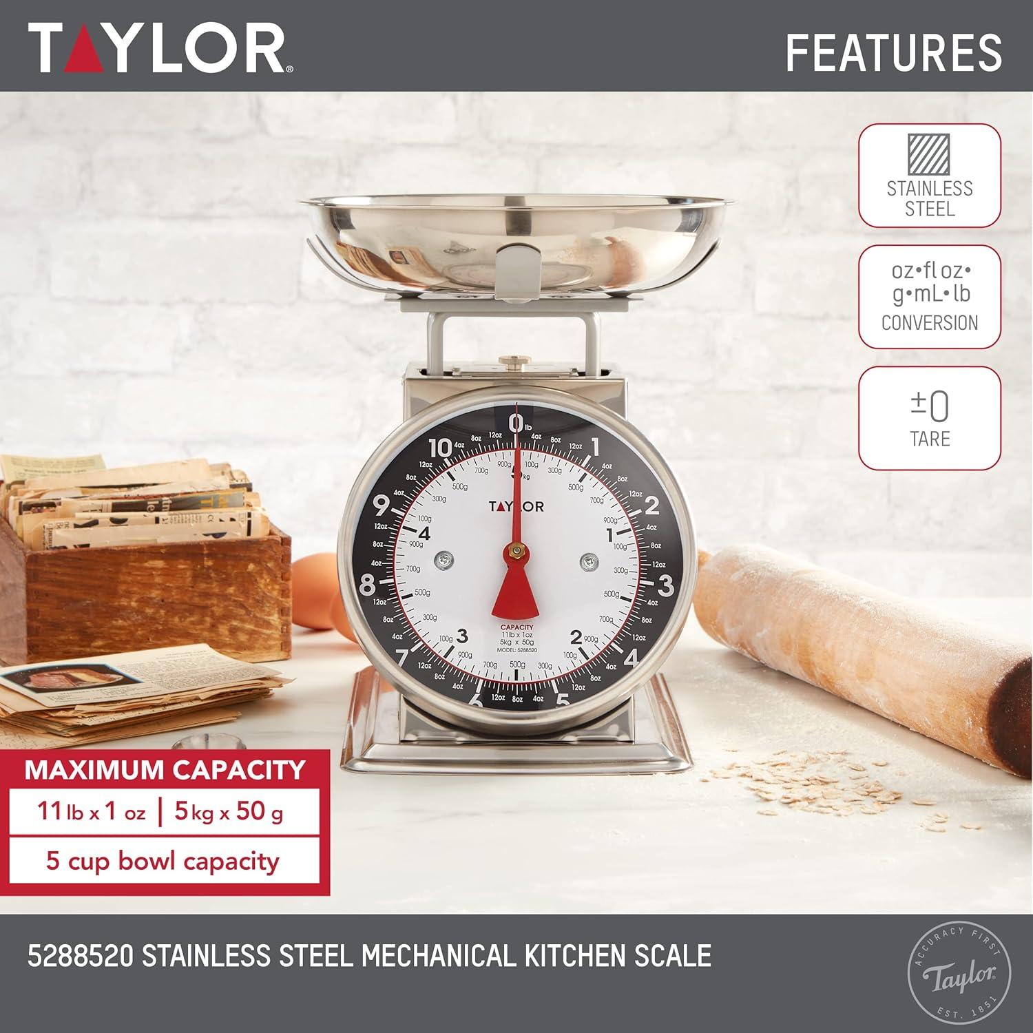 Taylor Modern Mechanical Kitchen Weighing Food Scale Weighs up to 11lbs, Measures in Grams and Ounces, Black and Silver