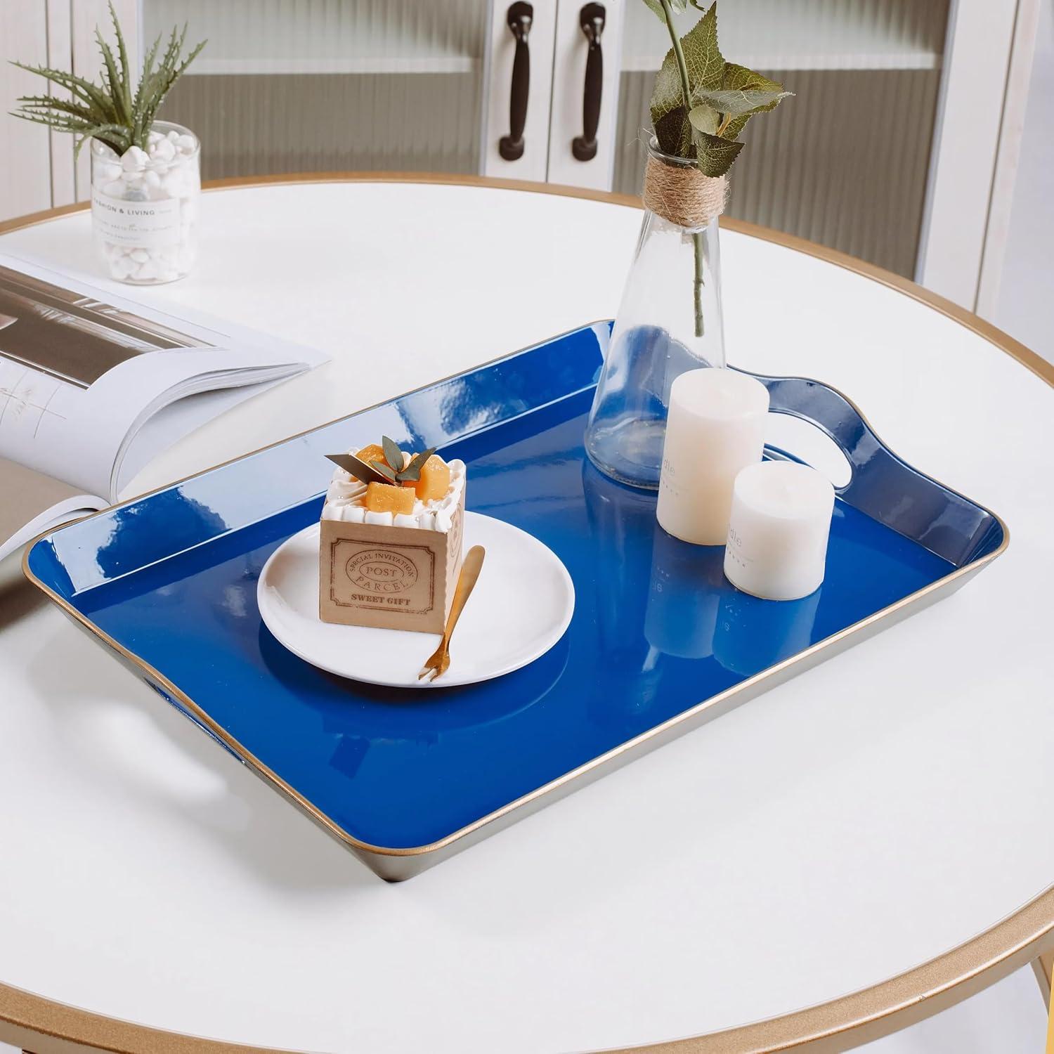 MAONAME Melamine Serving Tray with Handles, Royal Blue Modern Decorative Tray, Rectangular Plastic Tray for Coffee Table, Large Ottoman Tray for Bedroom, Living Room, 17" x 11.8" x 2"