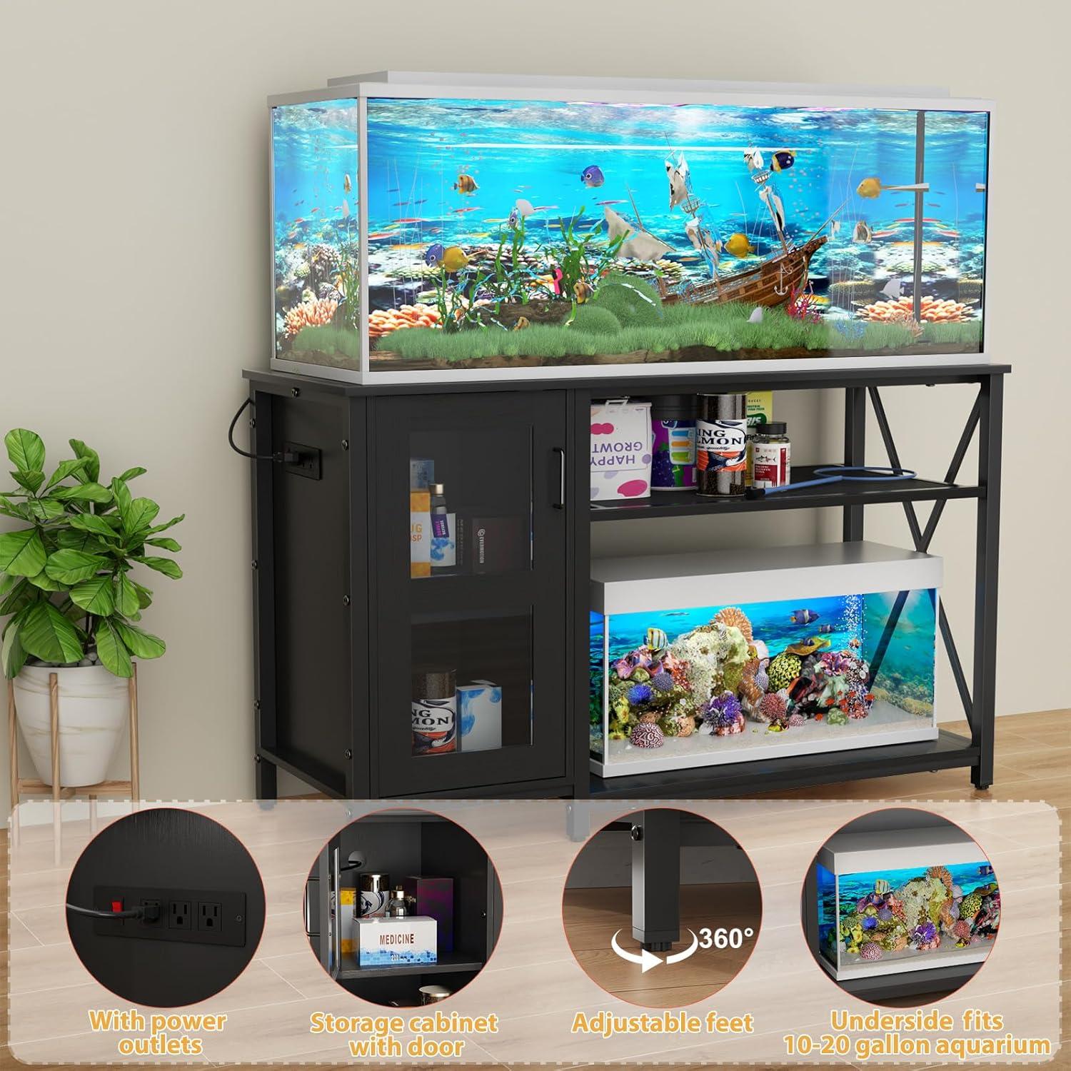 Bestier 55 Gallon Fish Tank Stand Metal Aquarium Stand with Storage Cabinet & Power Outlets LED Light, 750lbs Capacity, Black