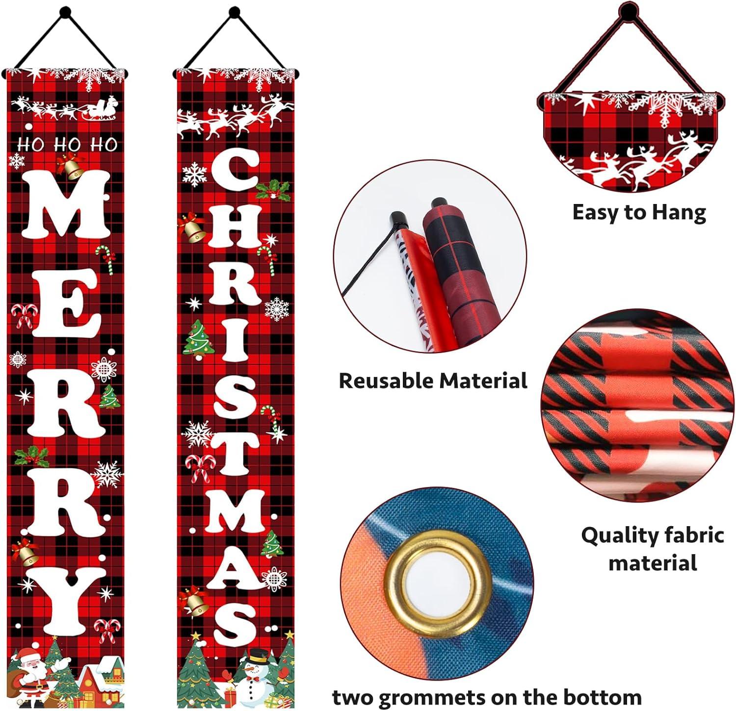 Christmas Decorations Outdoor Yard Front Porch Sign Set, Red Black Buffalo Plaid Door Banner, Hanging Merry Christmas Decorations for Home, Indoor Outdoor Xmas Decor Wall Front Door Yard Garage