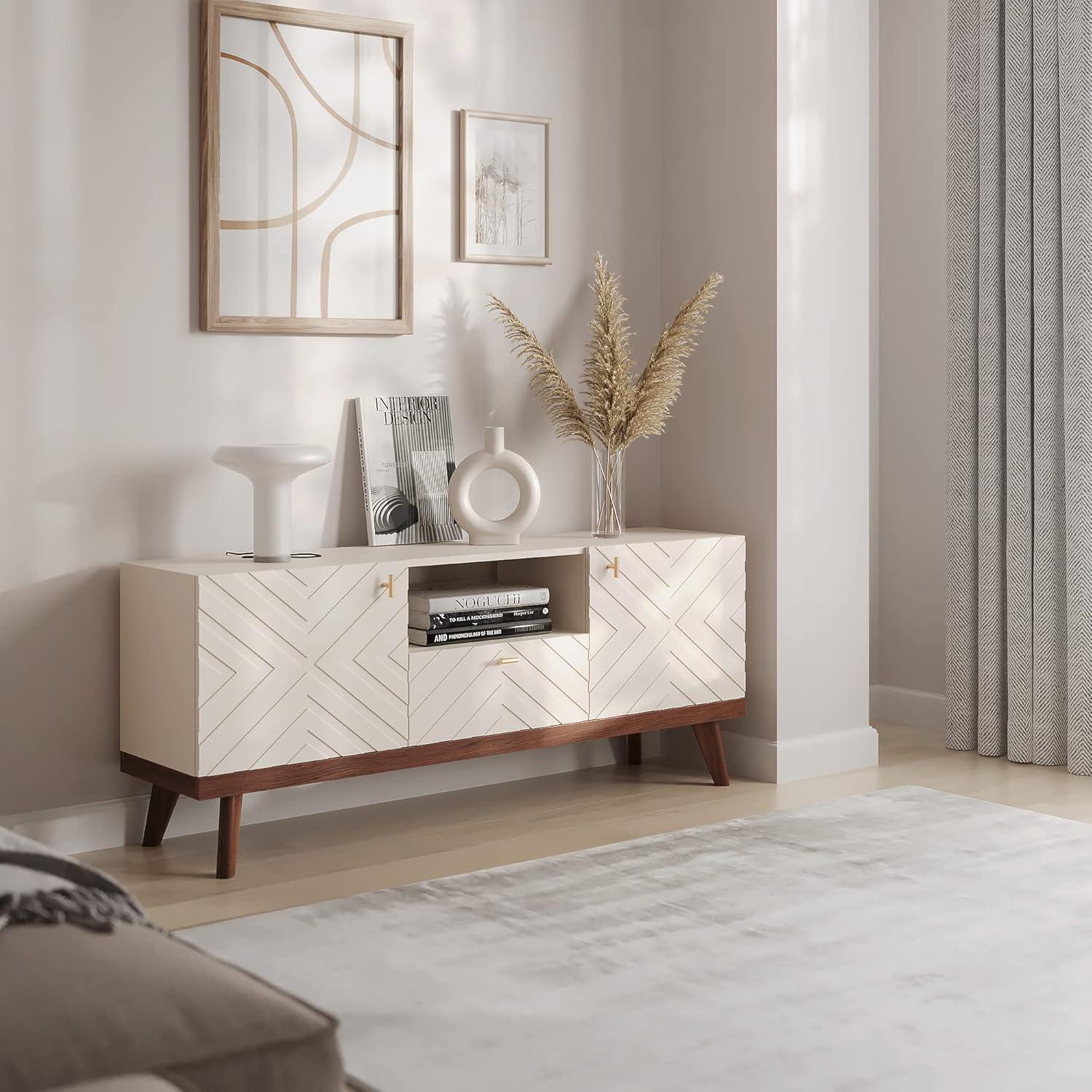 Living Skog  Alba Beige TV Stand Console with Drawer Fits TV's up to 65 in. with Wood Legs Mid Century Modern Design Beige Laminate Up to 240 lbs