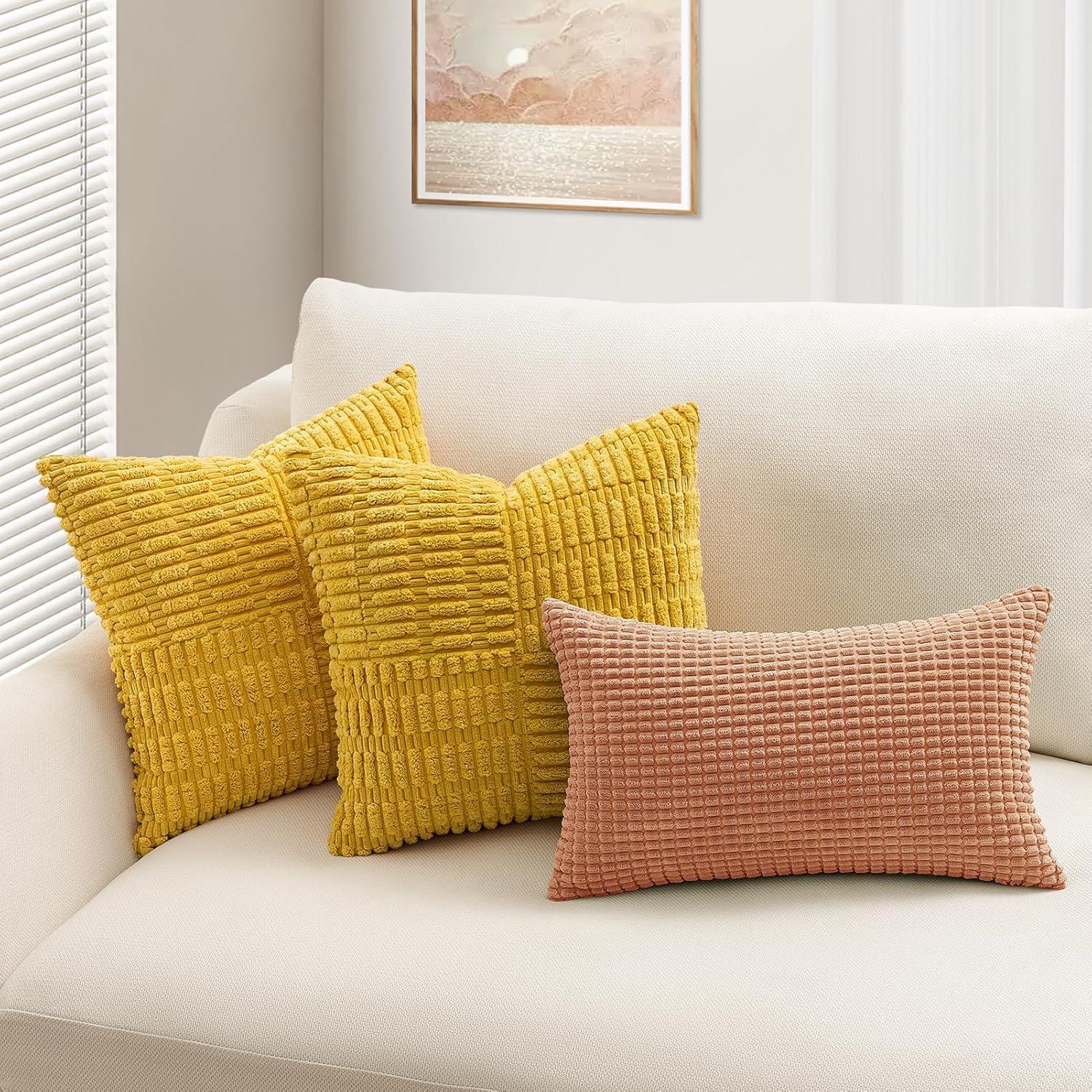 Mustard Yellow Corduroy Decorative Throw Pillow Covers 18x18 Inch