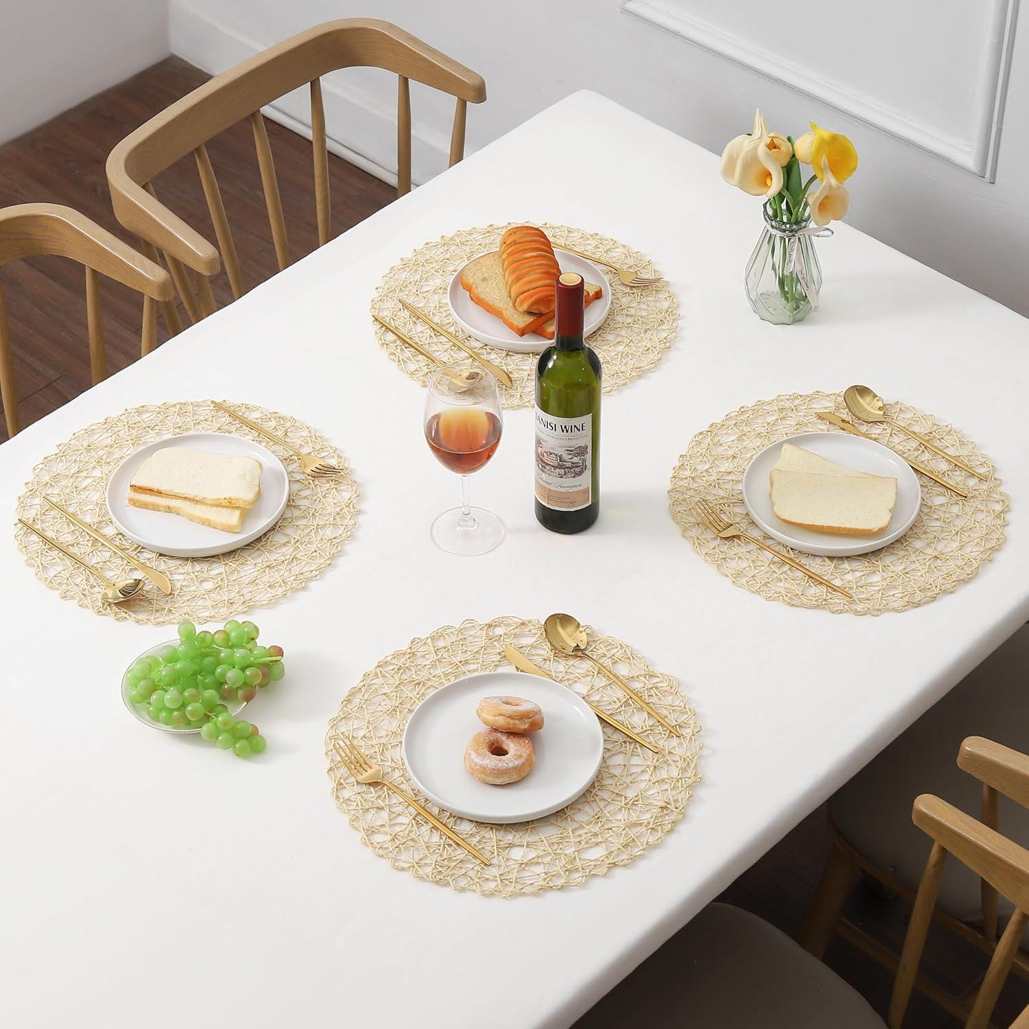 Beige 15" Round Woven Paper String Placemats, Set of 6