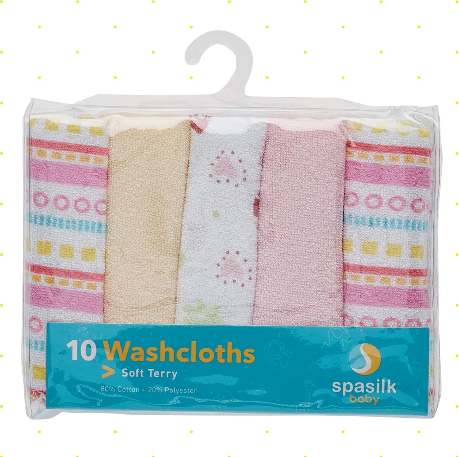 Spasilk Washcloth Wipes Set for Newborns and Infants, Terry Bathtime Essentials, Pack of 10, Pink Stripes