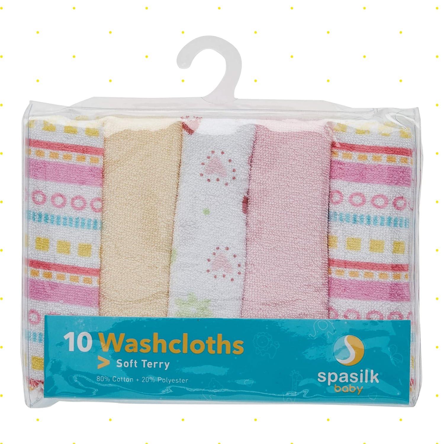 Spasilk Washcloth Wipes Set for Newborns and Infants, Terry Bathtime Essentials, Pack of 10, Pink Stripes