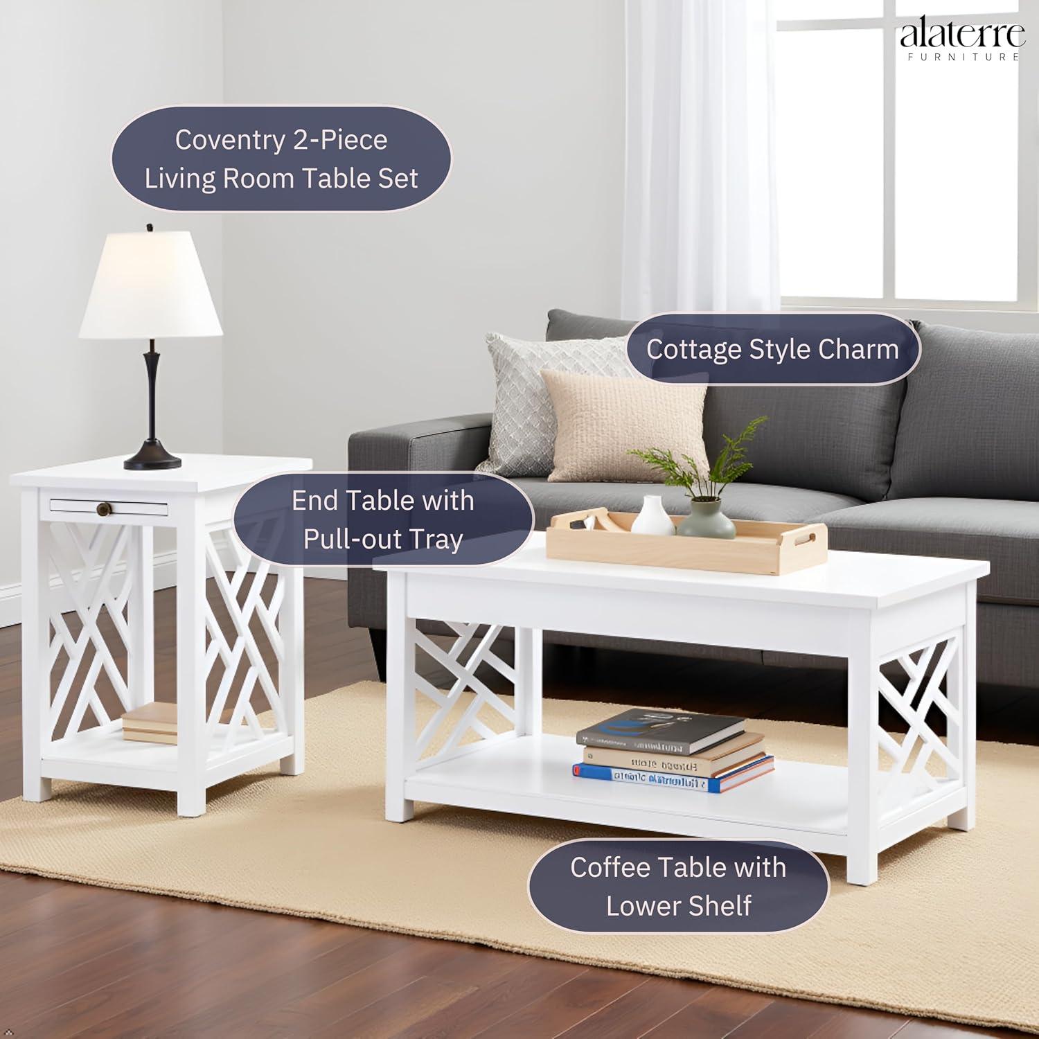 36" Middlebury Coffee Table and End Table with Tray White - Alaterre Furniture: Pull-Out Tray, 2-Piece Set