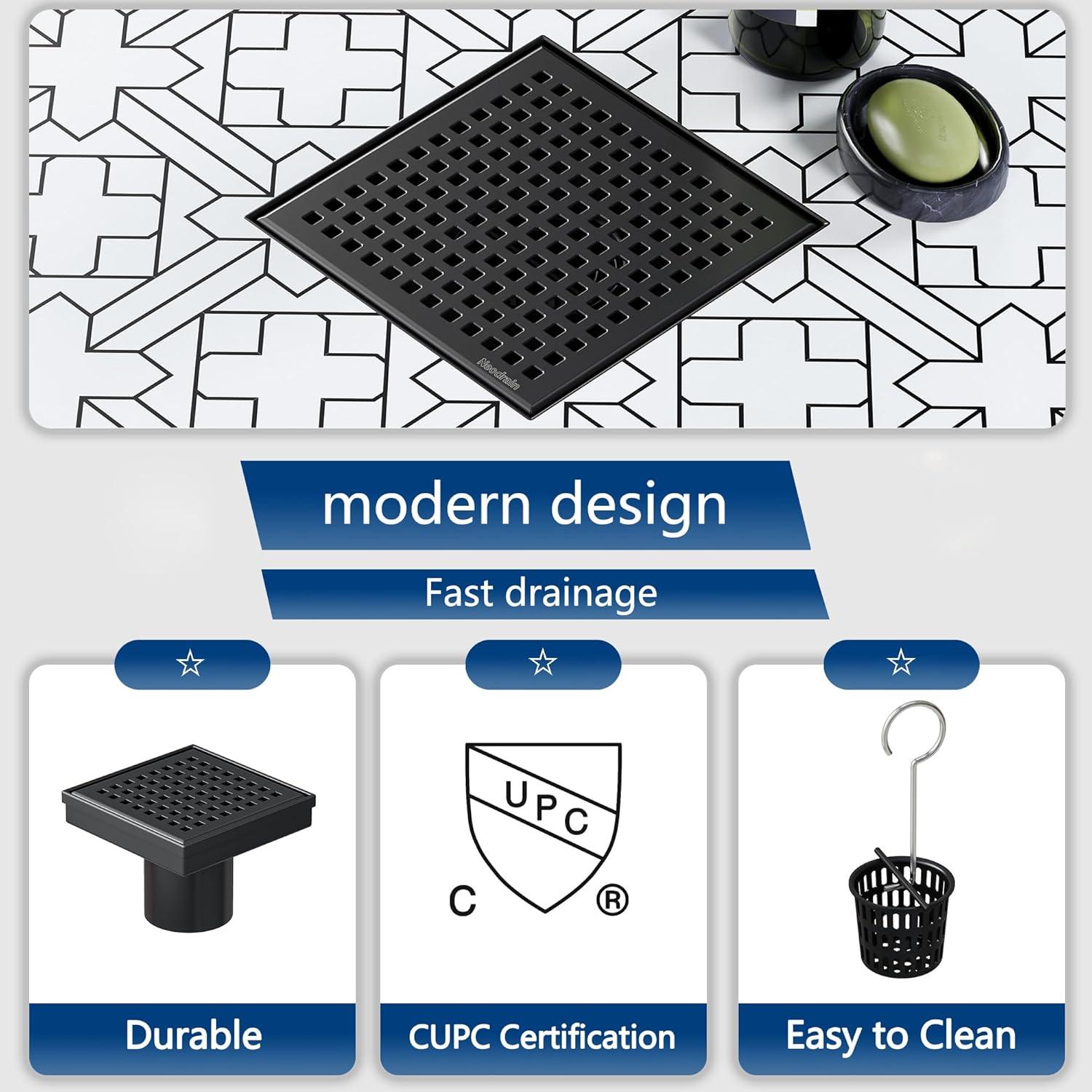 Neodrain 6-Inch Square Shower Drain with Removable Quadrato Pattern Grate,Brushed 304 Stainless Steel, with Watermark&CUPC Certified,Black