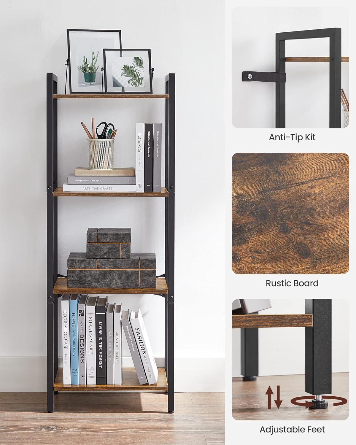 Rustic Brown and Black 4-Tier Adjustable Bookshelf