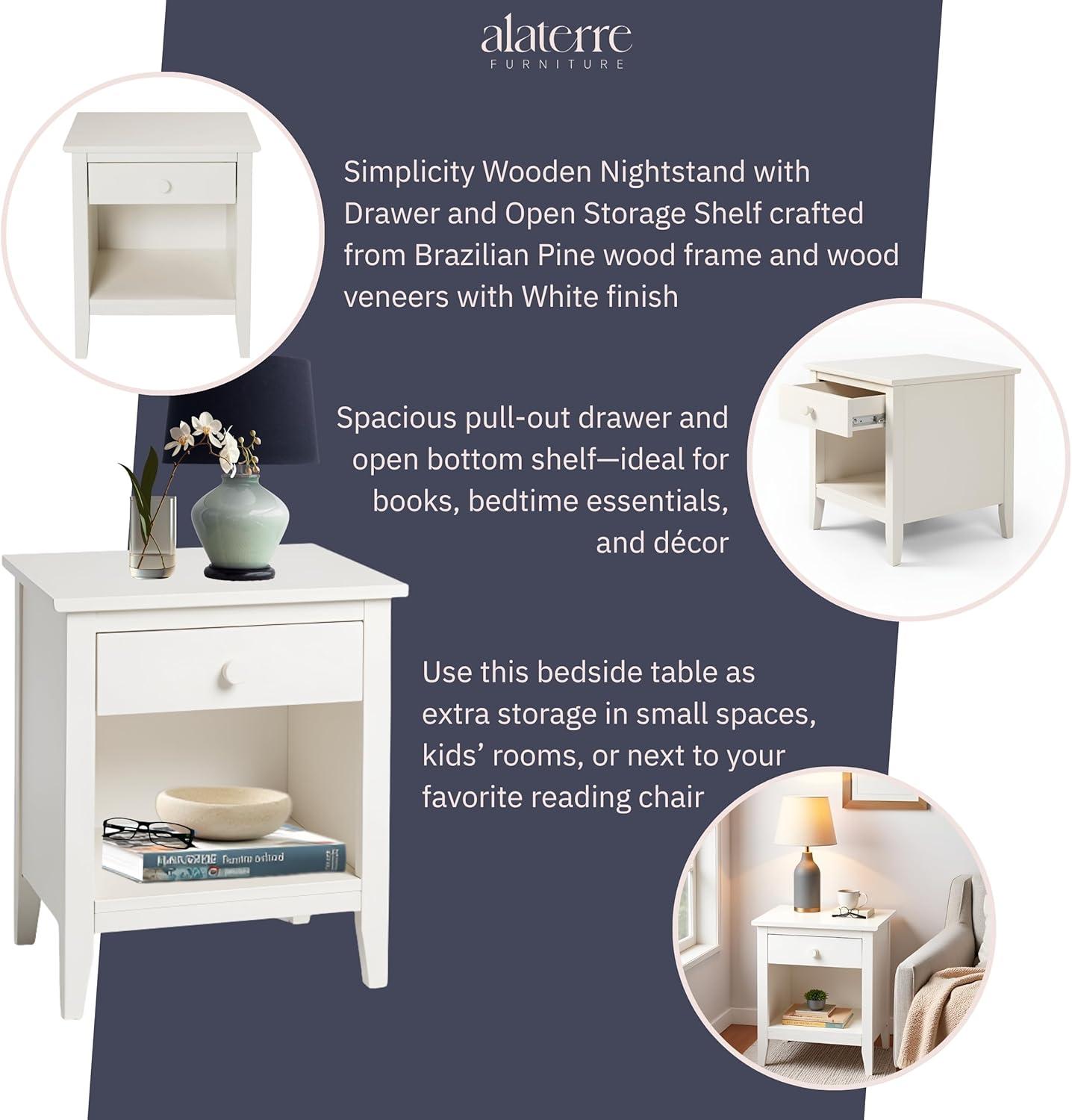 Alaterre Furniture Simplicity Nightstand, Bedside Table with Drawer, Perfect for Kids Bedroom, White