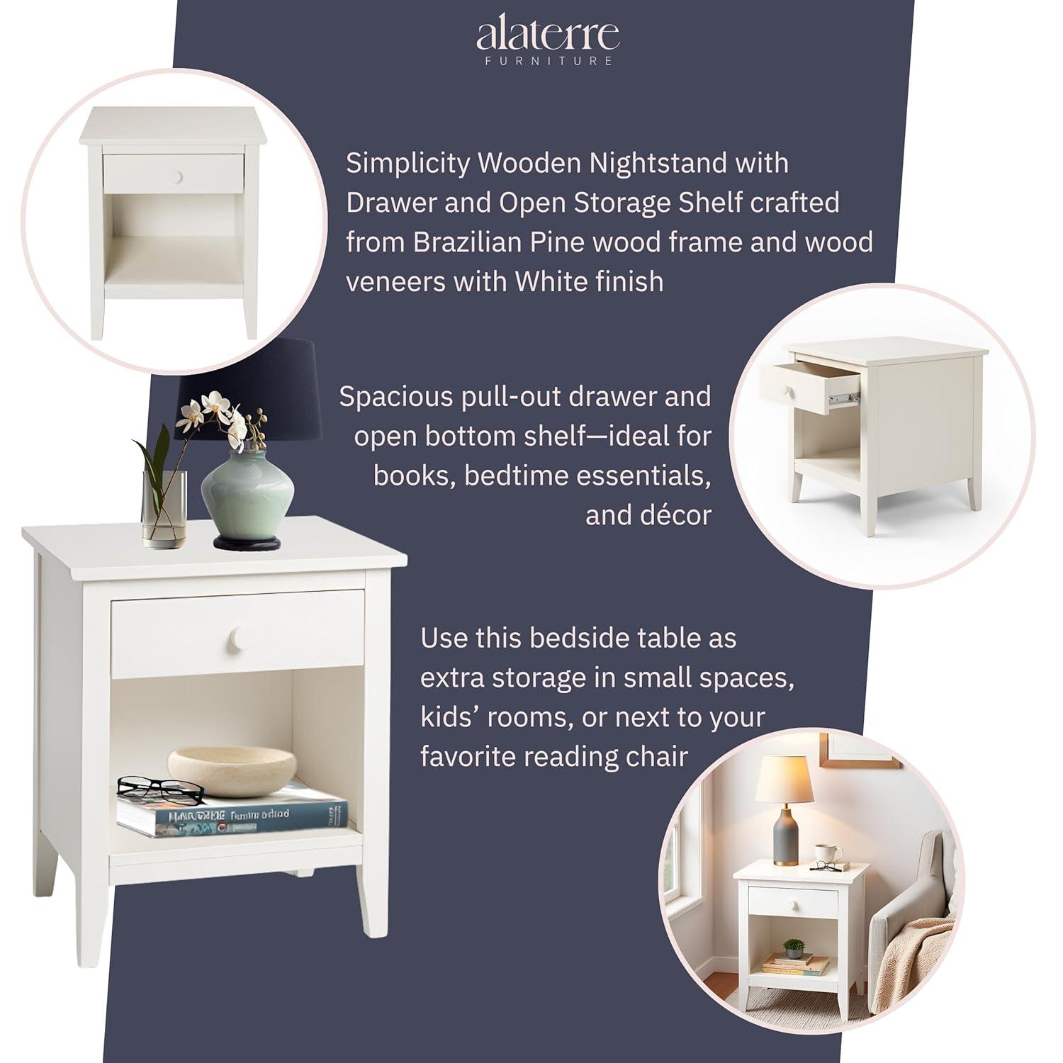 Alaterre Furniture Simplicity Nightstand, Bedside Table with Drawer, Perfect for Kids Bedroom, White