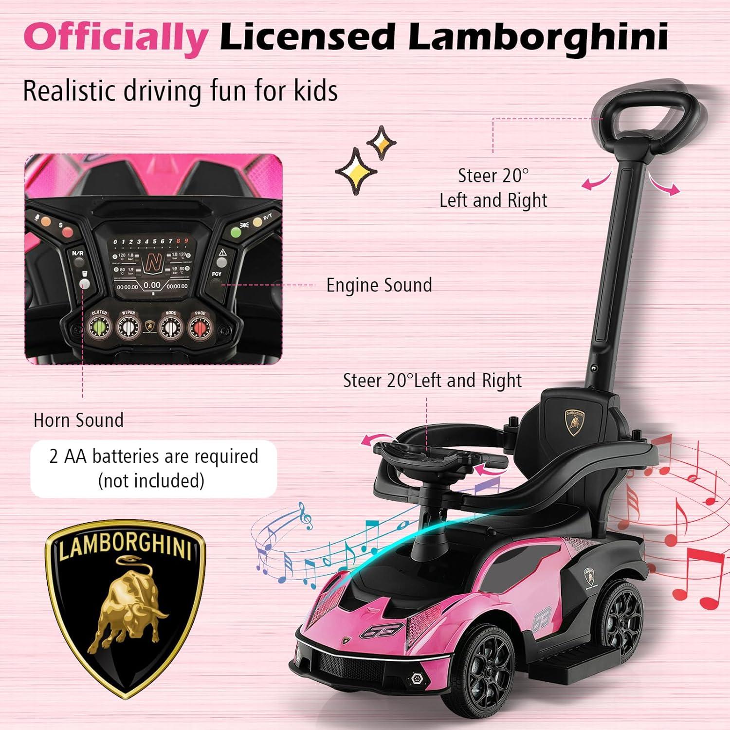 Costway 3-in-1 Licensed Lamborghini Ride on Push Car Stroller Sliding Car w/ Sound Pink