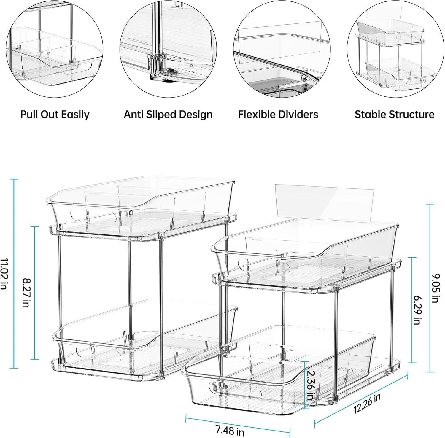 THE GLAMOUR BOUTIQUES 2 Sets Of 2-Tier Clear Under Sink Organizers And Storage, Multi-Purpose Stackable Bathroom Cabinet Organizers, Pull Out Kitchen Pantry Organization And Storage With Dividers