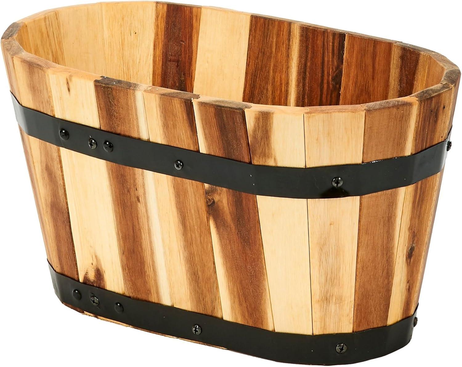 15" Brown Acacia Wood Oval Barrel Planter