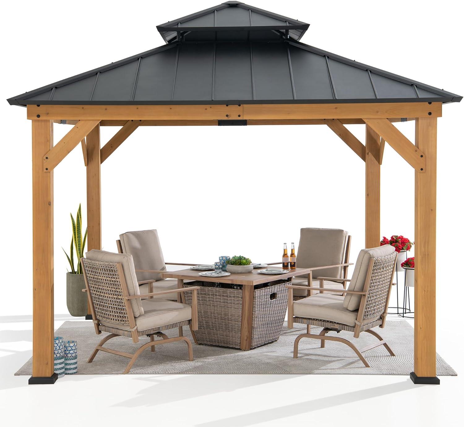 Sunjoy 11 ft. Black Steel Roof Cedar Wood Frame Gazebo