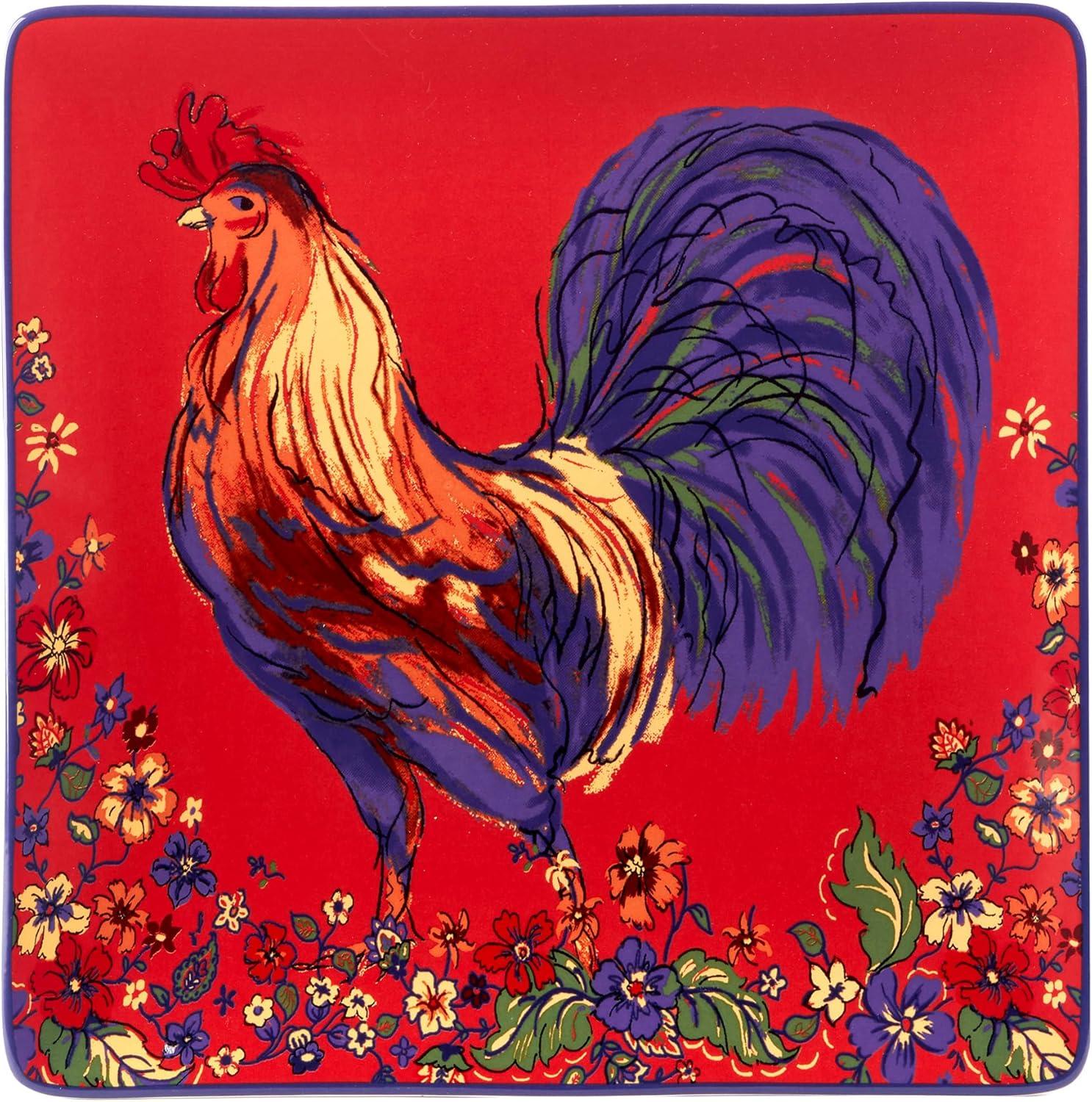 Vibrant Red Ceramic Square Platter with Rooster Design