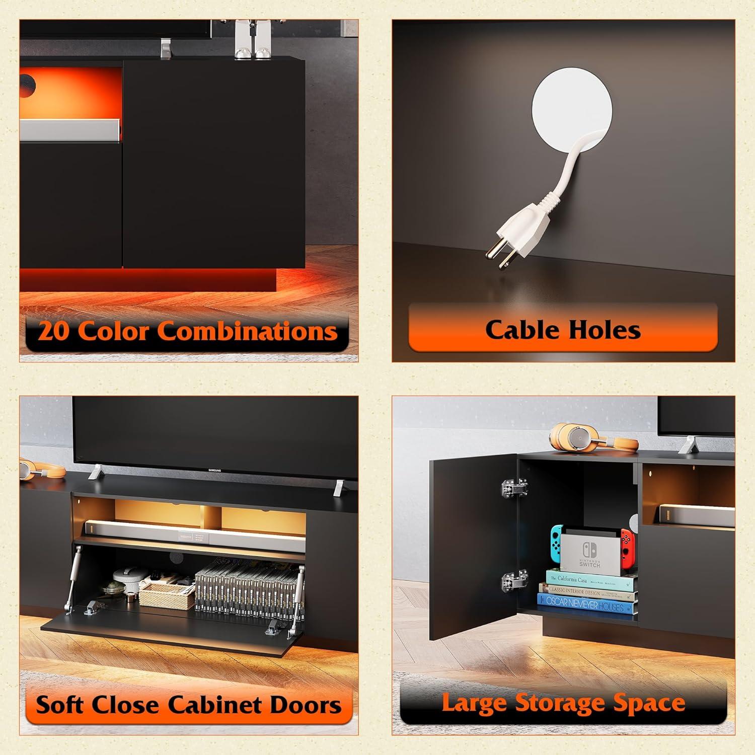 WLIVE TV Stand with LED Lights & Large Storage Cabinet, Modern Entertainment Center for 65 Inchs TV, Sturdy Media Console for Living Room, Bedroom,Gaming(Black)