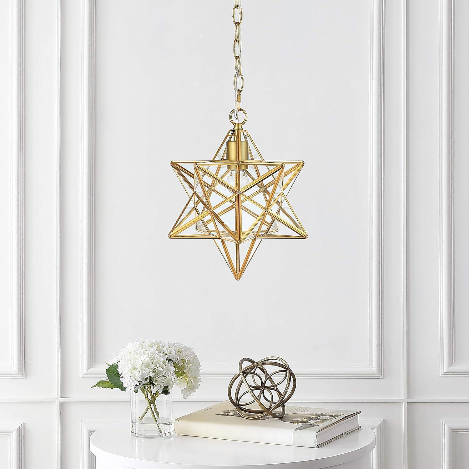 Stella 12" Moravian Star Metal/Clear Glass LED Pendant, Gold Leaf/Clear