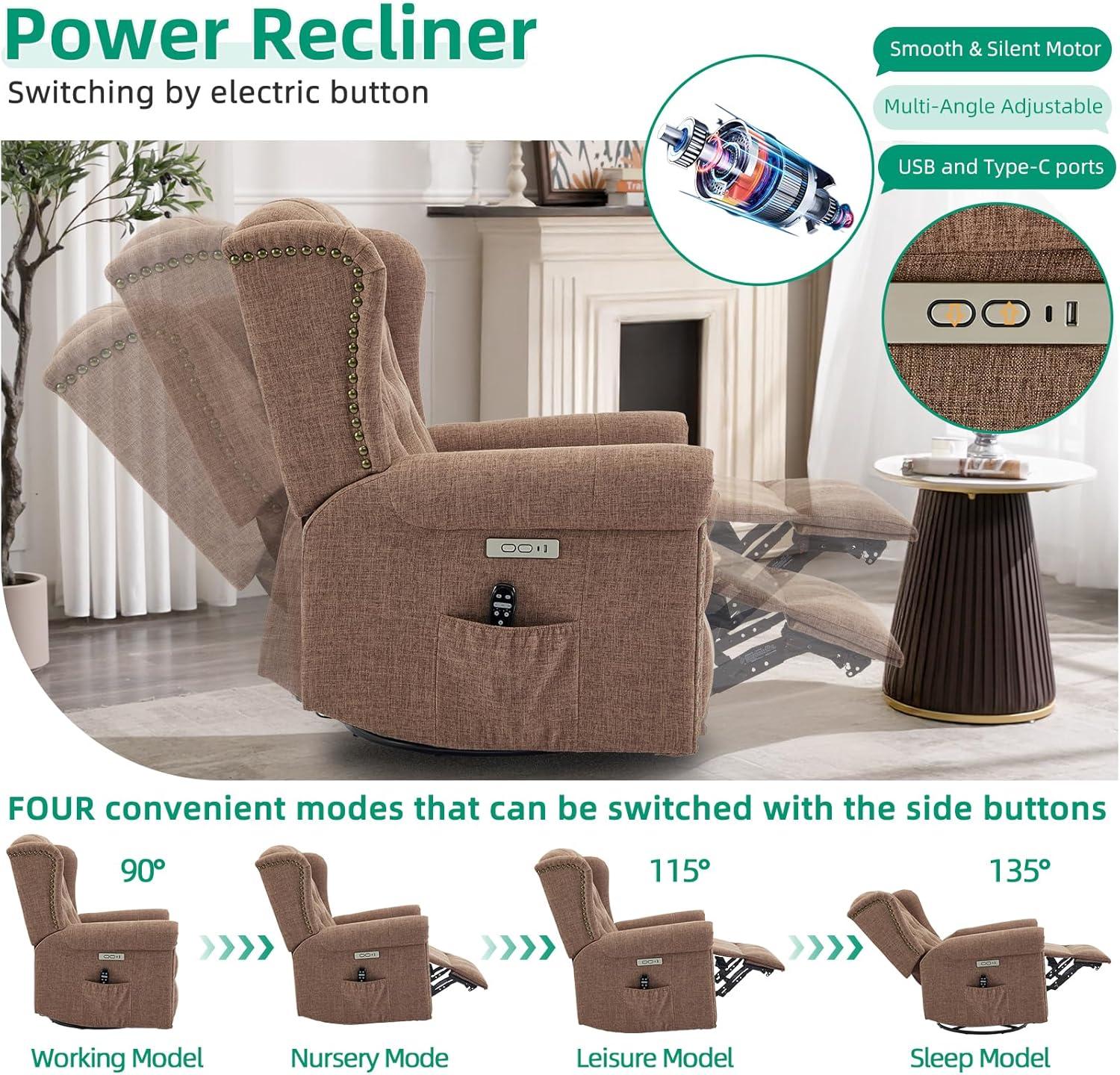 MEETWARM Meetwarm Power Swivel Rocking Glider Recliner Chair With Heat And Vibration, Electric Rocker Nursery Reclining Chair, Wingback Tufted Upholstered Recliner For Living Room, Type-C & Usb Ports