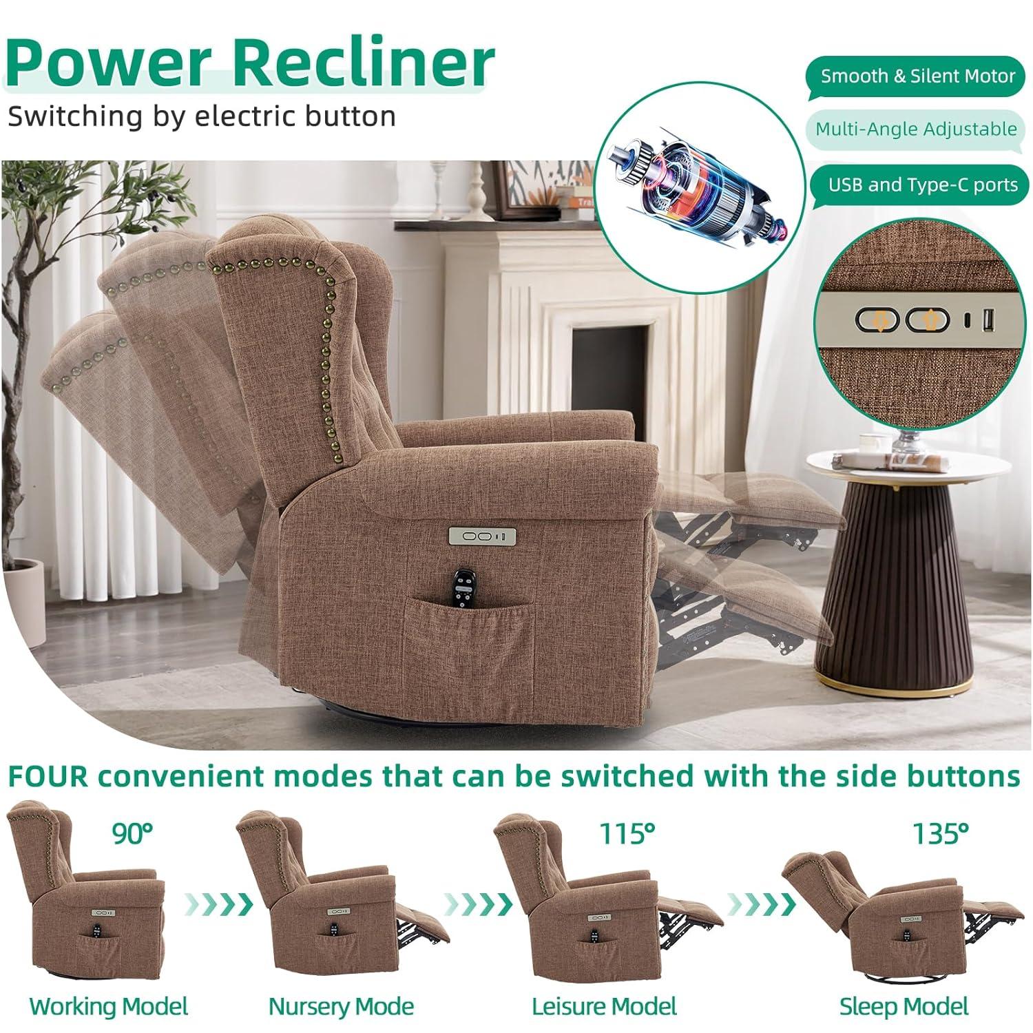 MEETWARM Meetwarm Power Swivel Rocking Glider Recliner Chair With Heat And Vibration, Electric Rocker Nursery Reclining Chair, Wingback Tufted Upholstered Recliner For Living Room, Type-C & Usb Ports